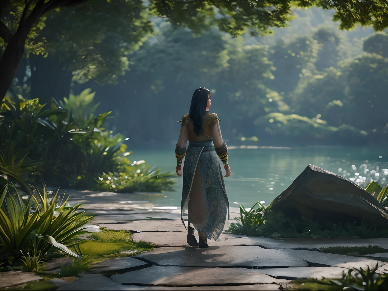 A beautiful woman who is walking on the stones near a lake, in the style of unreal engine 5, exquisite clothing details, chuah thean teng, ferdinand toussaint, exotic, tropical, lush, villagecore, slumped/draped, style raw