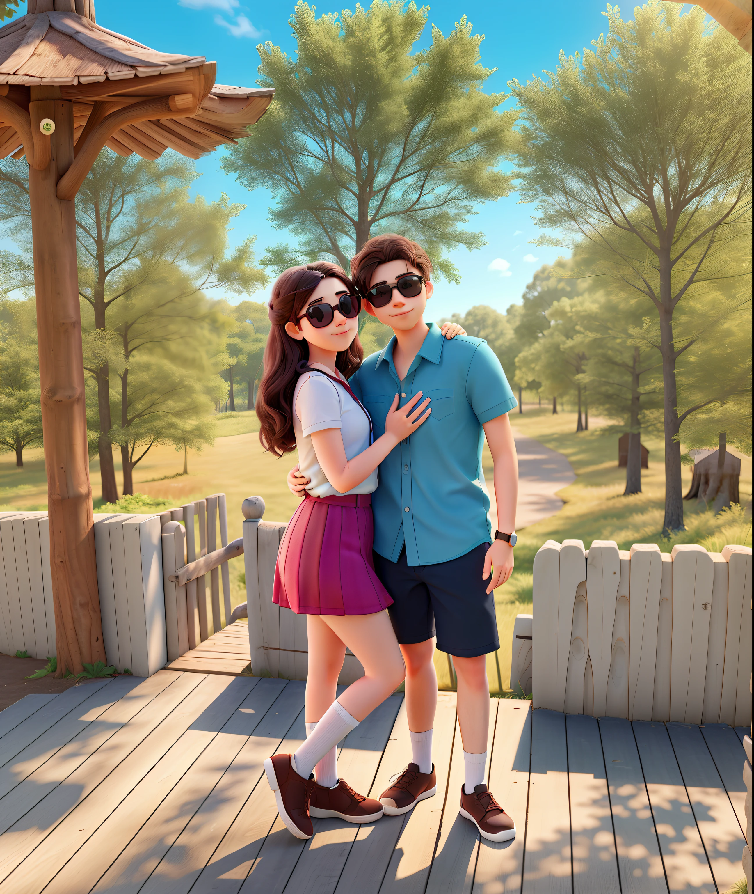 Young couple in love and hugging in a very natural place full of trees in the background, both with sunglasses