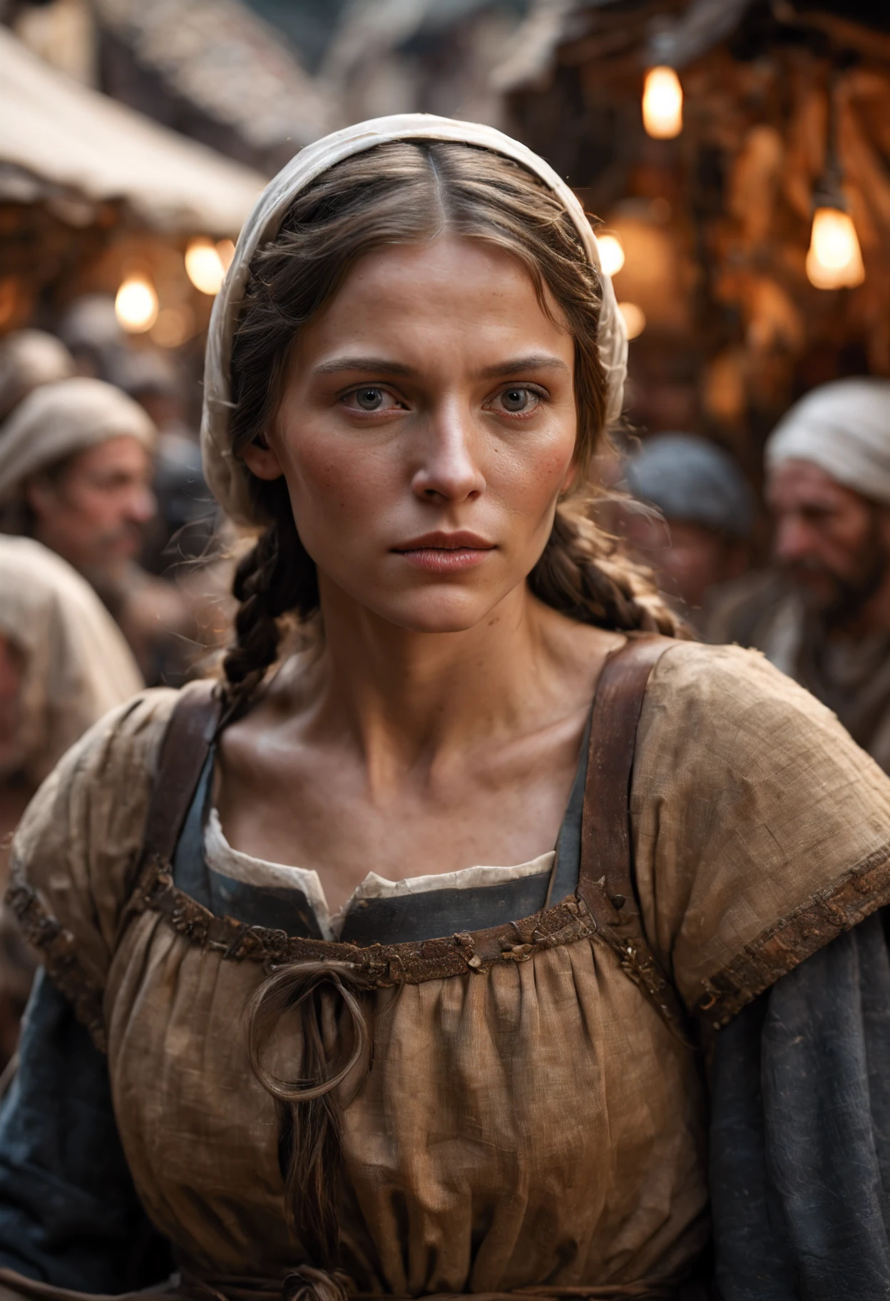 A medieval peasant girl in a crowded medieval marketplace, ultra high quality, real image, realistic, real-life skin, dynamic lighting, cinematic, (hyperrealism:1.2), (8K UHD:1.2), (photorealistic:1.2), shot with Canon EOS 5D Mark IV,FFIXBG,horror