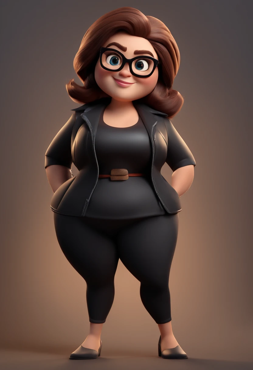 Cartoon character of a chubby woman brown hair wearing black glasses, black jacket, a gray shirt, an animated character, stylized character, animation style rendering, 3d stylized, Arnold Maya render, 3d stylized rendering, toon rendering keyshot , 3D Character, 3D Character, Stylized 3D Rendering, 3D Character Rendering, cartoon character, Closeup Character, Character Pose, (Pixar Style) (Masterpiece:1.2) (Bokeh) (Best Quality) (Detailed Skin ) (detailed texture) (8k) (clay) (Cinematic lighting) (sharp focus，Sits and leaks the upper body