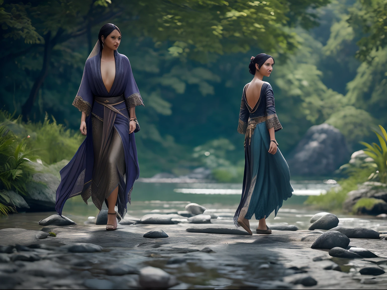 Closeup of a beautiful woman who is walking on the stones near a lake, in the style of unreal engine 5, exquisite clothing details, chuah thean teng, ferdinand toussaint, exotic, tropical, lush, villagecore, slumped/draped, style raw