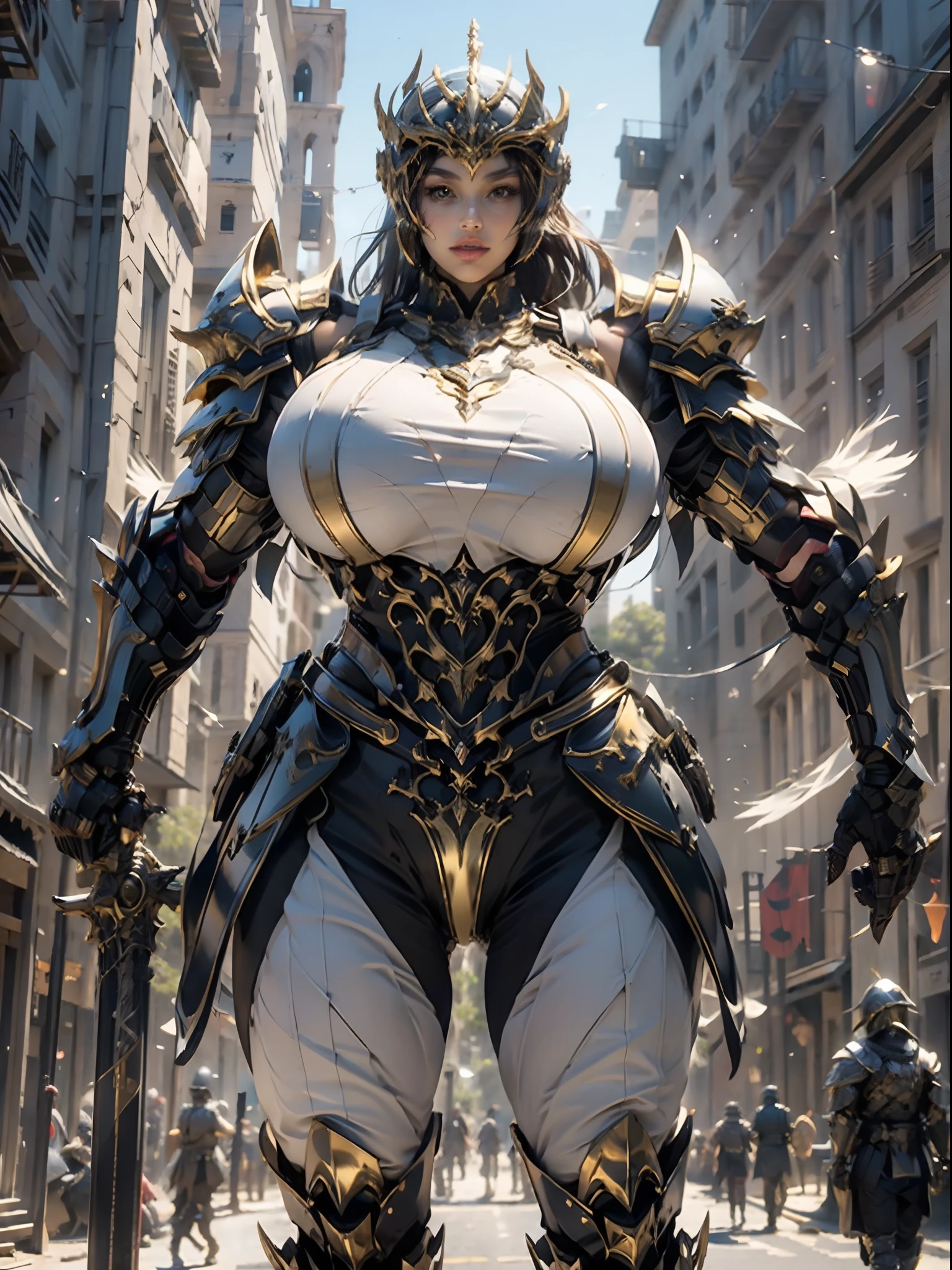 a beautiful golden-greek-armored warrioress, jet-black hair, spartan helmet, muscular, huge and heavy breasts, looking at viewer, modelshot pose, masterpiece, best quality, 8k, blurred background, medieval fantasy castle in the background