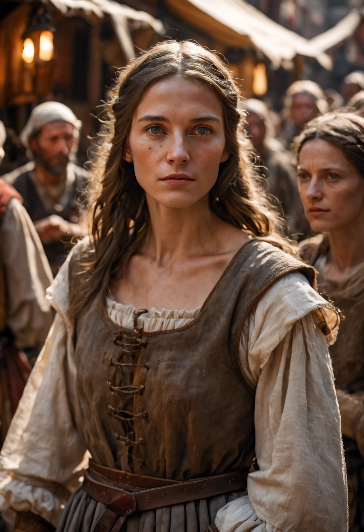 A medieval peasant girl in a crowded medieval marketplace, ultra high quality, real image, realistic, real-life skin, dynamic lighting, cinematic, (hyperrealism:1.2), (8K UHD:1.2), (photorealistic:1.2), shot with Canon EOS 5D Mark IV,FFIXBG,horror