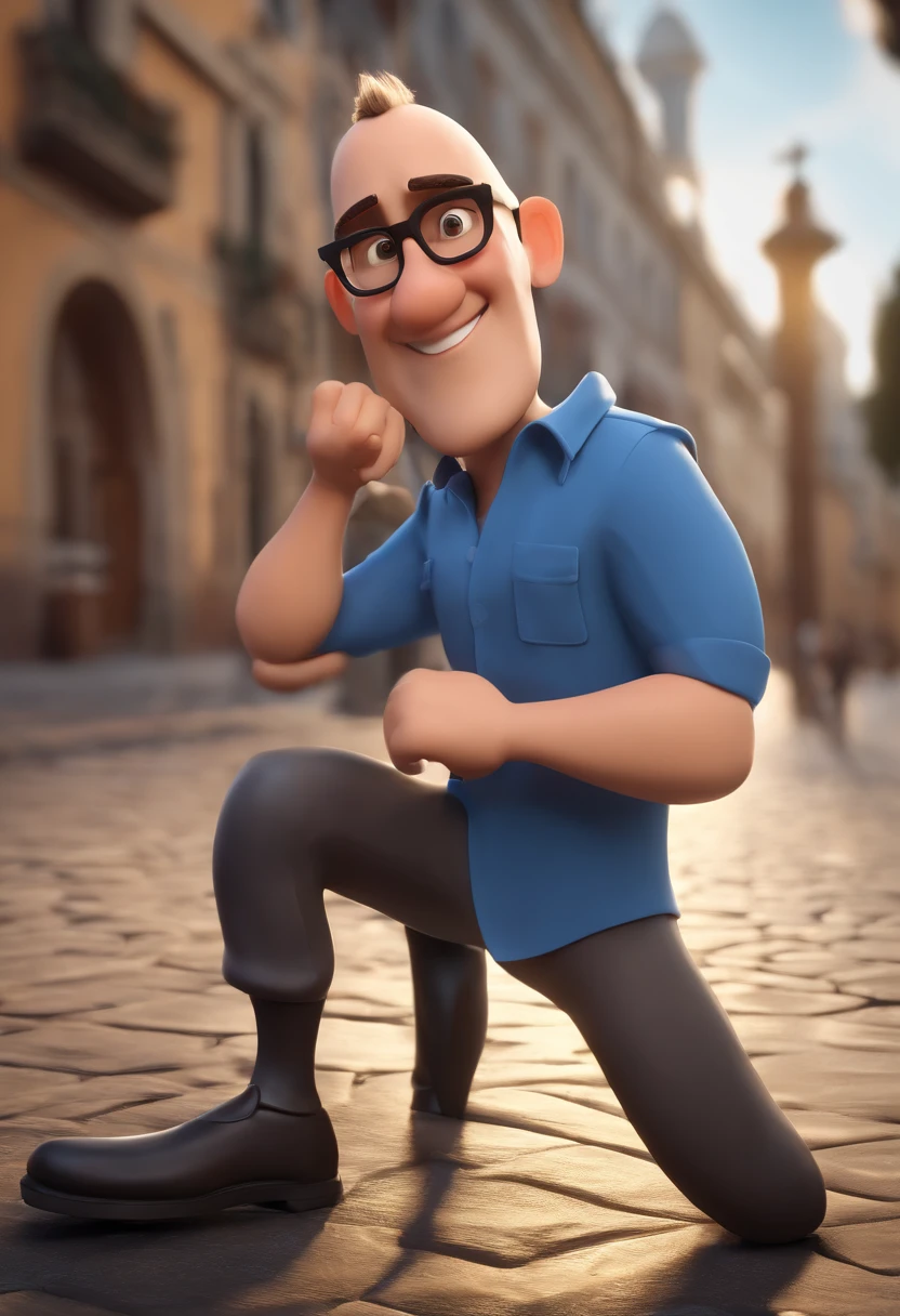 Cartoon character of a man wearing black glasses and a blue shirt, um personagem animado, Caractere estilizado, animation style rendering, 3D estilizado, Tavares a render, 3 d render stylized, toon render keyshot, Personagem 3D, Personagem 3D, 3d rendering stylized, 3 d character render, personagem de desenho animado, Personagem de close up, Pose de personagem, (Estilo Pixar) (master part:1.2) (Bokeh) (best quality) (pele detalhada) (textura detalhada) (8k) (argila) (Cinematic lighting) (foco nítido,Senta e vaza a parte superior do corpo
