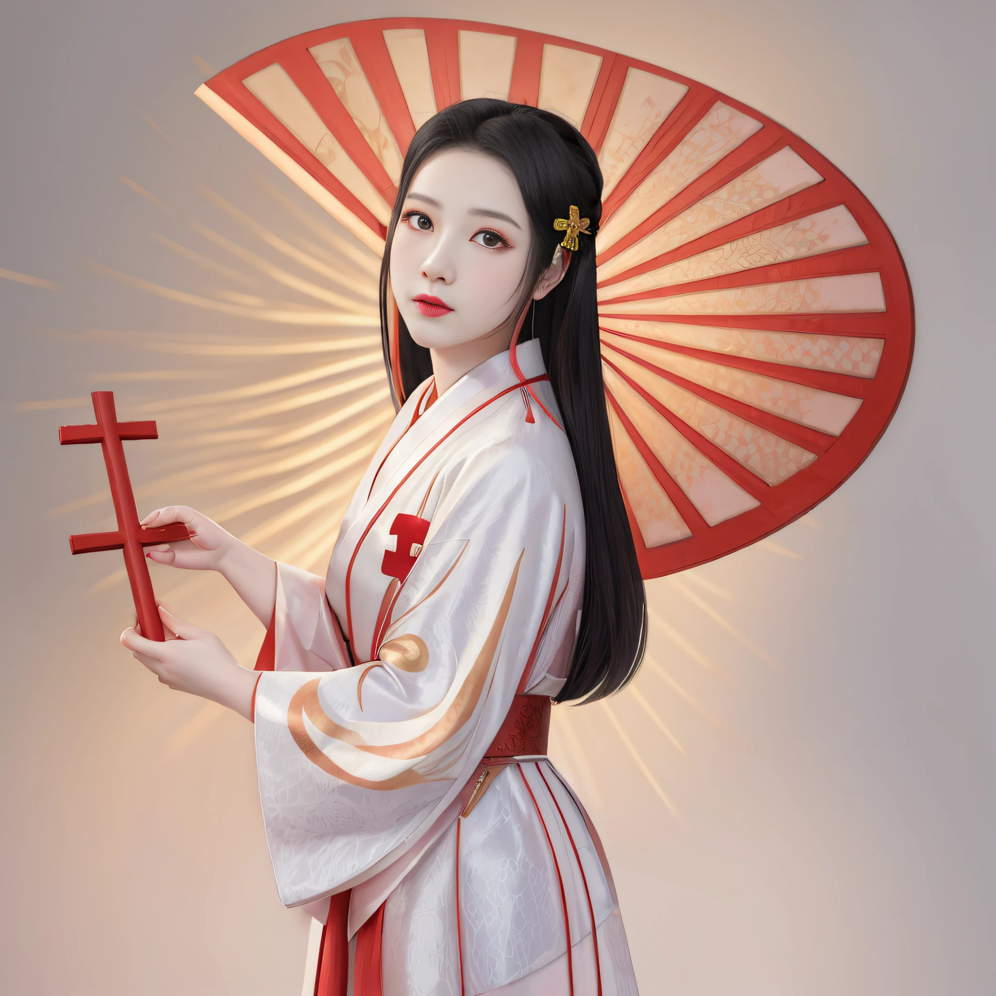 a woman dressed in a traditional Japanese kimono, holding a red cross, and with a giant fan behind her, she is, Japanese goddess, she is holding a cross, long stick, Chinese girl, palace, a girl in hanfu, work of art in z.w style gu, a beautiful art illustration, chinese woman, japanese art style, japanese woman, ancient chinese goddess.