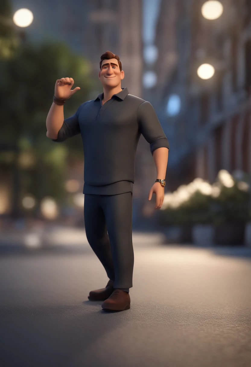 Personagem de desenho animado de um homem usando pretos e uma camisa azul, um personagem animado, Caractere estilizado, animation style rendering, 3D estilizado, Arnold Maya render, 3 d render stylized, toon render keyshot, Personagem 3D, Personagem 3D, 3d rendering stylized, 3 d character render, personagem de desenho animado, Personagem de close up, Pose de personagem, (Estilo Pixar) (master part:1.2) (Bokeh) (best quality) (pele detalhada) (textura detalhada) (8k) (argila) (Cinematic lighting) (foco nítido,Senta e vaza a parte superior do corpo