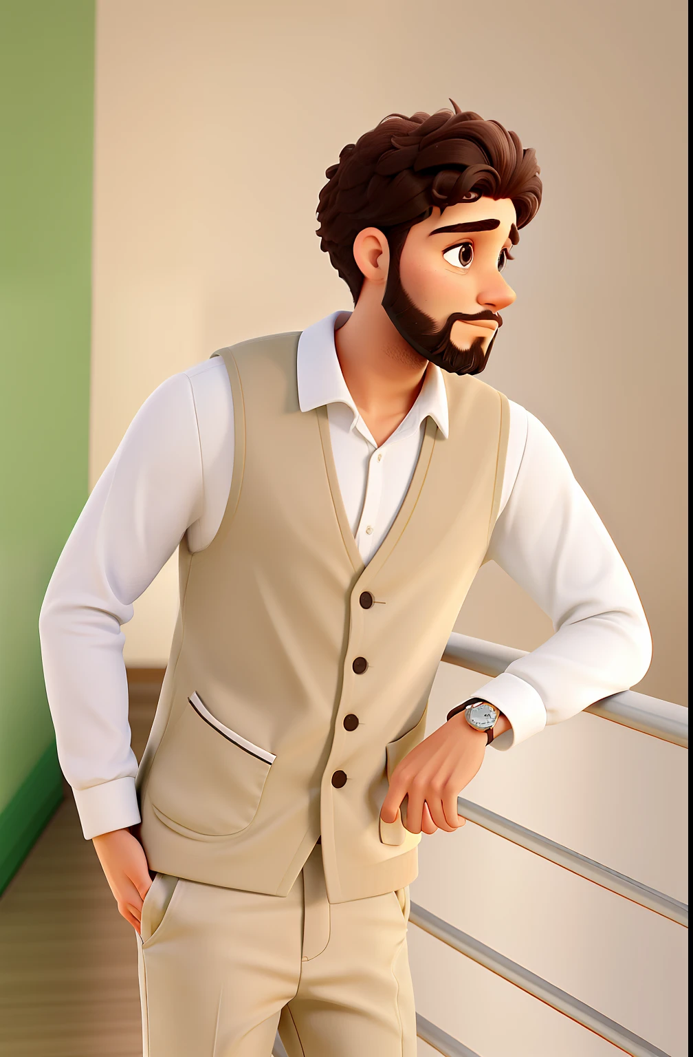 Jovem com olhar apaixonado. O jovem rapaz tem barba no rosto todo, cabelos cacheados e bem preto. Olhos castanhos, pele clara, standingn, usando roupas claras, estilo Disney