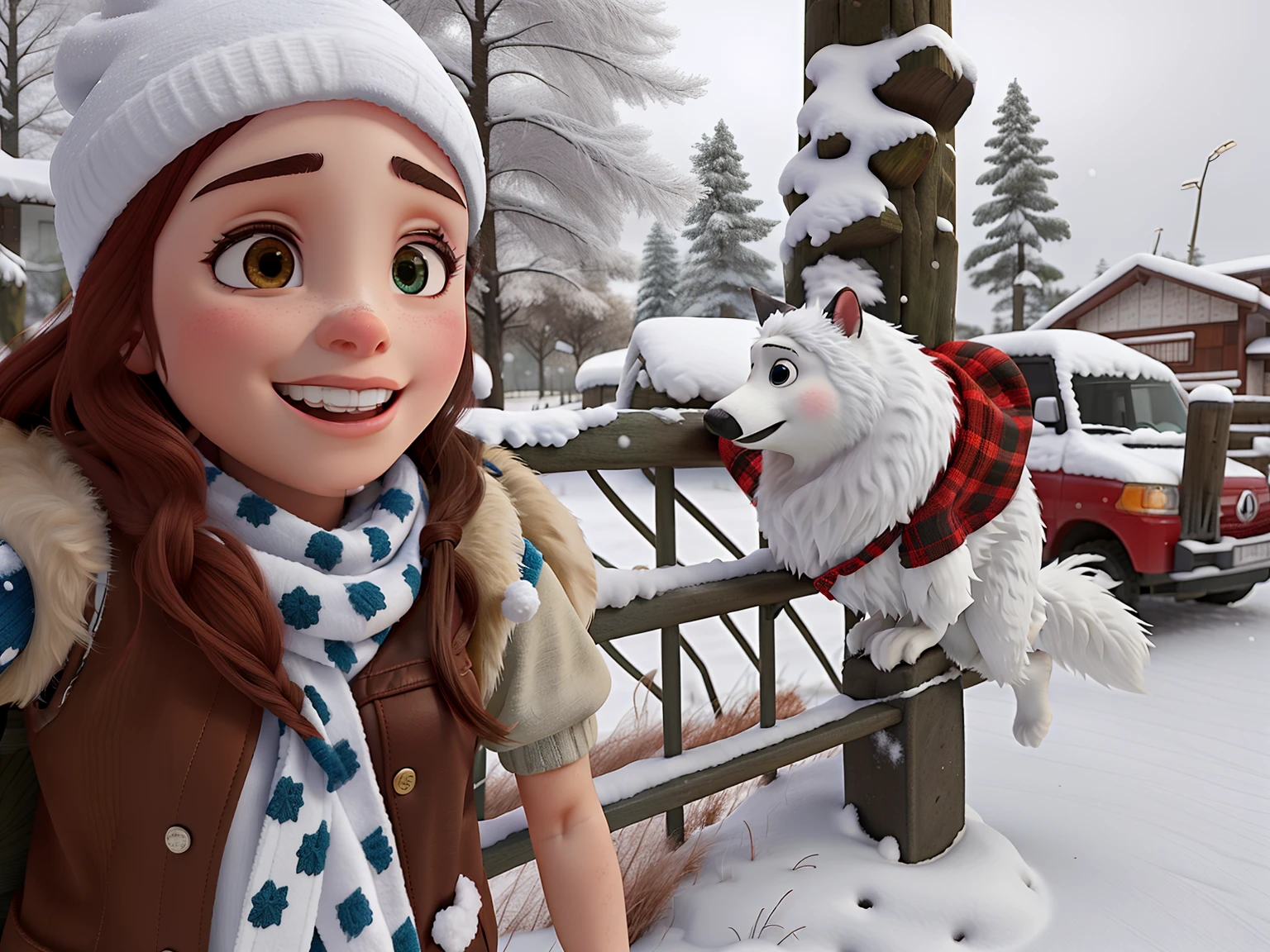 Mulher parada ao lado de uma rena na neve