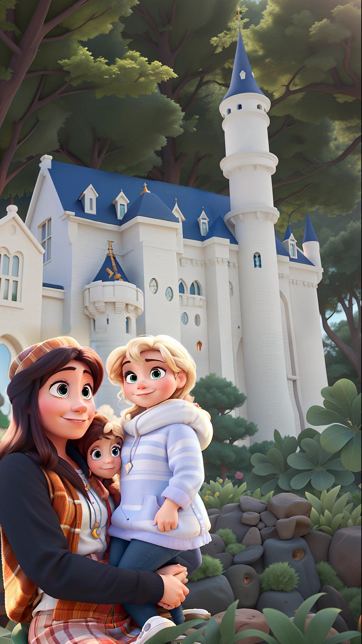 Um cartaz estilo Disney Pixar. A mother with her on her lap.