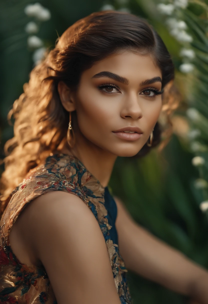 Imagem de uma mulher 20 anos, com o aspecto dos olhos estilo Zendaya, possui cabelos pretos lisos e curtos e com uma franja curta na altura dos olhos, Italian appearance, pensativa