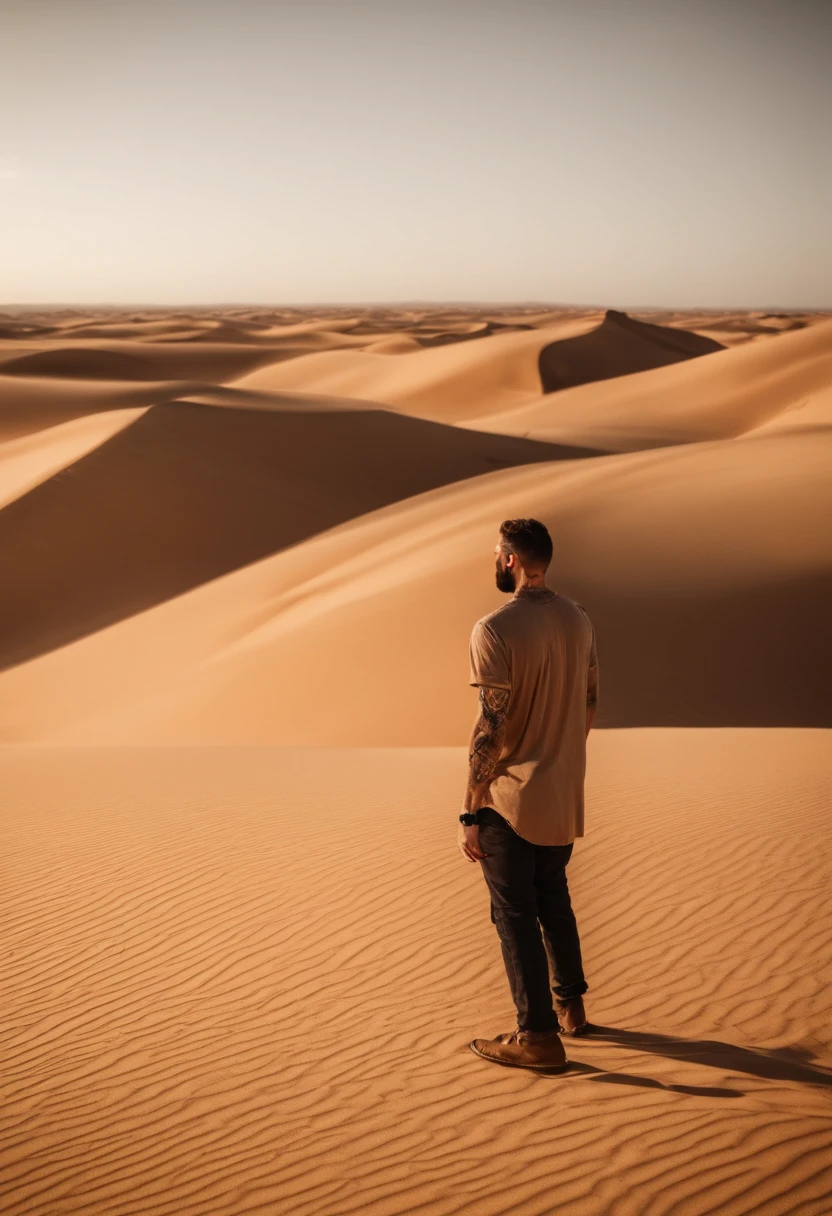Homem com barba e tatuagens segurando uma garrafa de cerveja, em um deserto vermelho empoeirado, coberto de areia, em um deserto, poeira e areia no ar, cheio de areia e poeira, standing in a desert, standing in desert, covered in dust, no meio do deserto, areia vermelha, standing in desert, queda de areia dentro