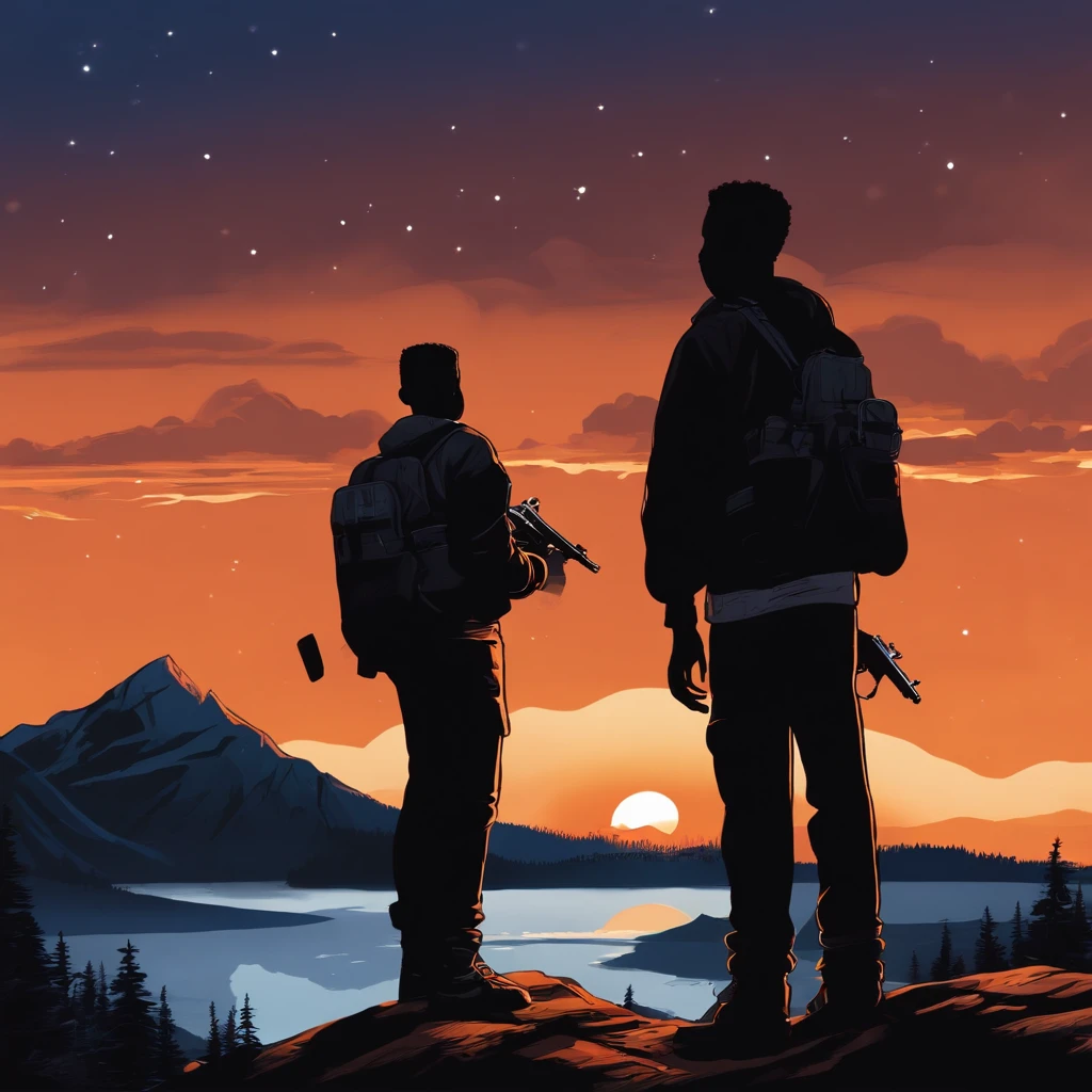 Three black teens with guns seen from the shore, Mountain Adventure Scenery, cartoon, Snow on the top of the mountain, twlight, Starry sky, Orange sky