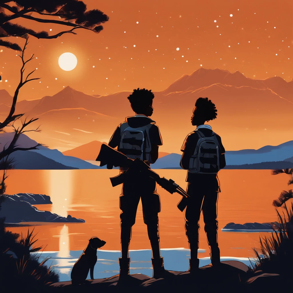 Three black teens with guns seen from the shore, Mountain Adventure Scenery, cartoon, Snow on the top of the mountain, twlight, Starry sky, Orange sky