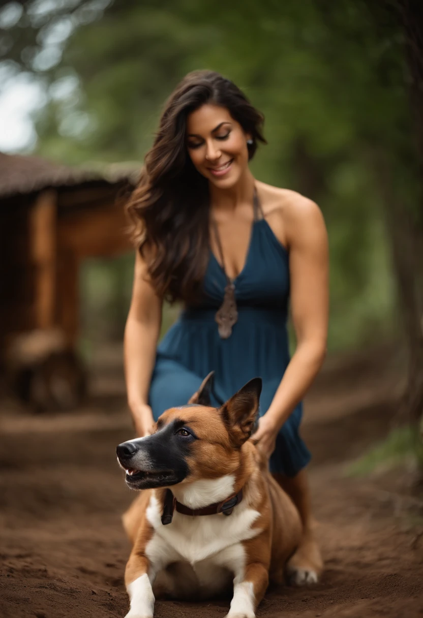 Poster no estilo Disney pixar, alta qualidade, brunette woman medium tan skin tone, cabelo preto longo batom vermelho e brincos longos olhos escuros, Cheerful expression holding a blue heeler Australian cattle dog on lap and holding a dark brown horse white spot on forehead by halter farm scenery