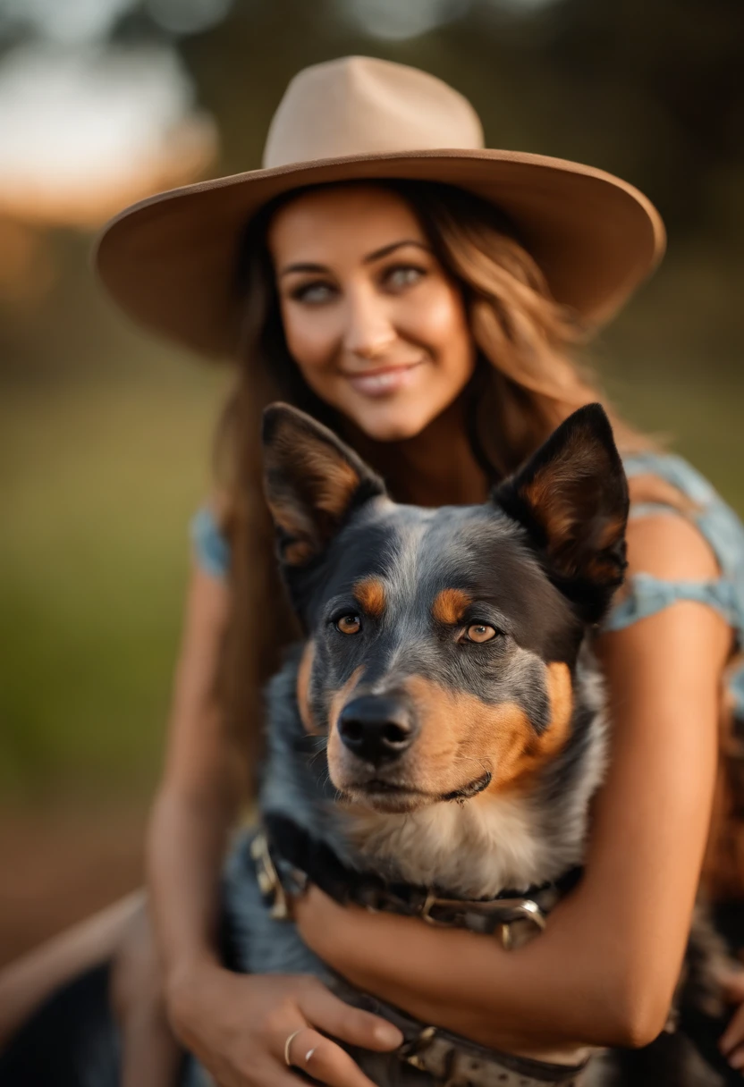 Poster no estilo Disney pixar, alta qualidade, brunette woman medium tan skin tone, cabelo preto longo batom vermelho e brincos longos olhos escuros, Cheerful expression holding a blue heeler Australian cattle dog on lap and holding a dark brown horse white spot on forehead by halter farm scenery