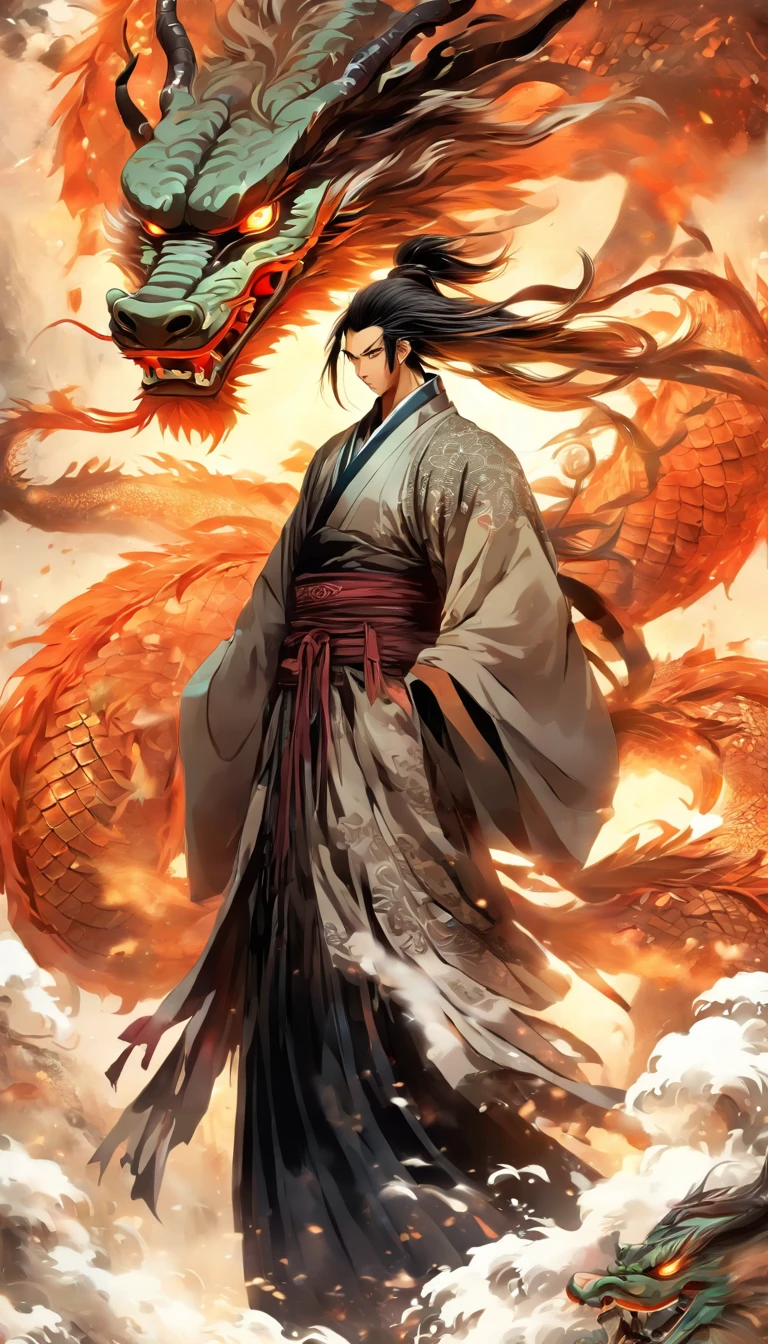 China-style,中景 the scene is,The Taoist priest stood in front of the dragon,Stretch your hands,Long messy hair,Glow effects,Hyper-realistic,Ultra photo realsisim,Chinese black and white ink style,Silver,Decolorization,Smudge,ink,8K,super-fine,high qulity,OC renderer