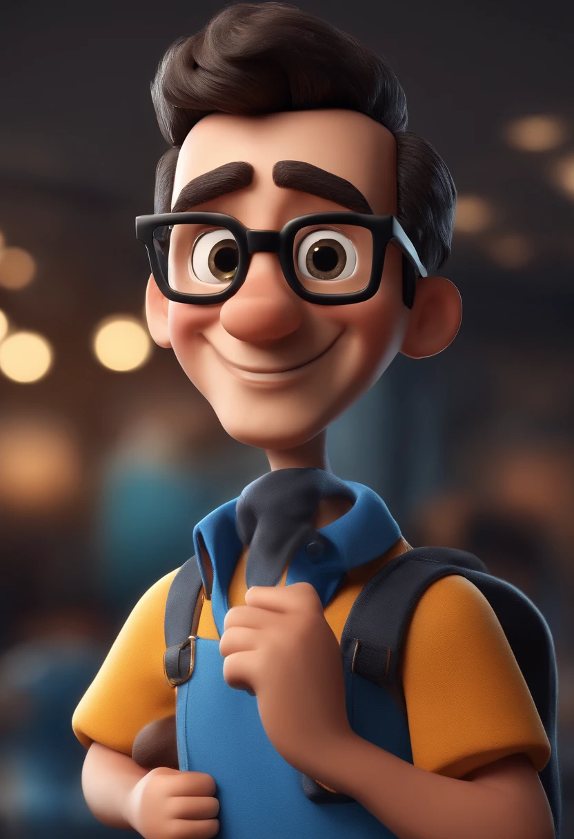 Cartoon character of a man with black glasses and a blue shirt, animation character, Caractere estilizado, animation style rendering, 3D estilizado, Arnold Maya render, 3 d render stylized, toon render keyshot, Personagem 3D, Personagem 3D, 3d rendering stylized, 3 d character render, personagem de desenho animado, Personagem de close up, Pose de personagem,  (Estilo Pixar) (master part:1.2) (Bokeh) (best quality) (pele detalhada) (textura detalhada) (8k) (argila) (Cinematic lighting) (foco nítido