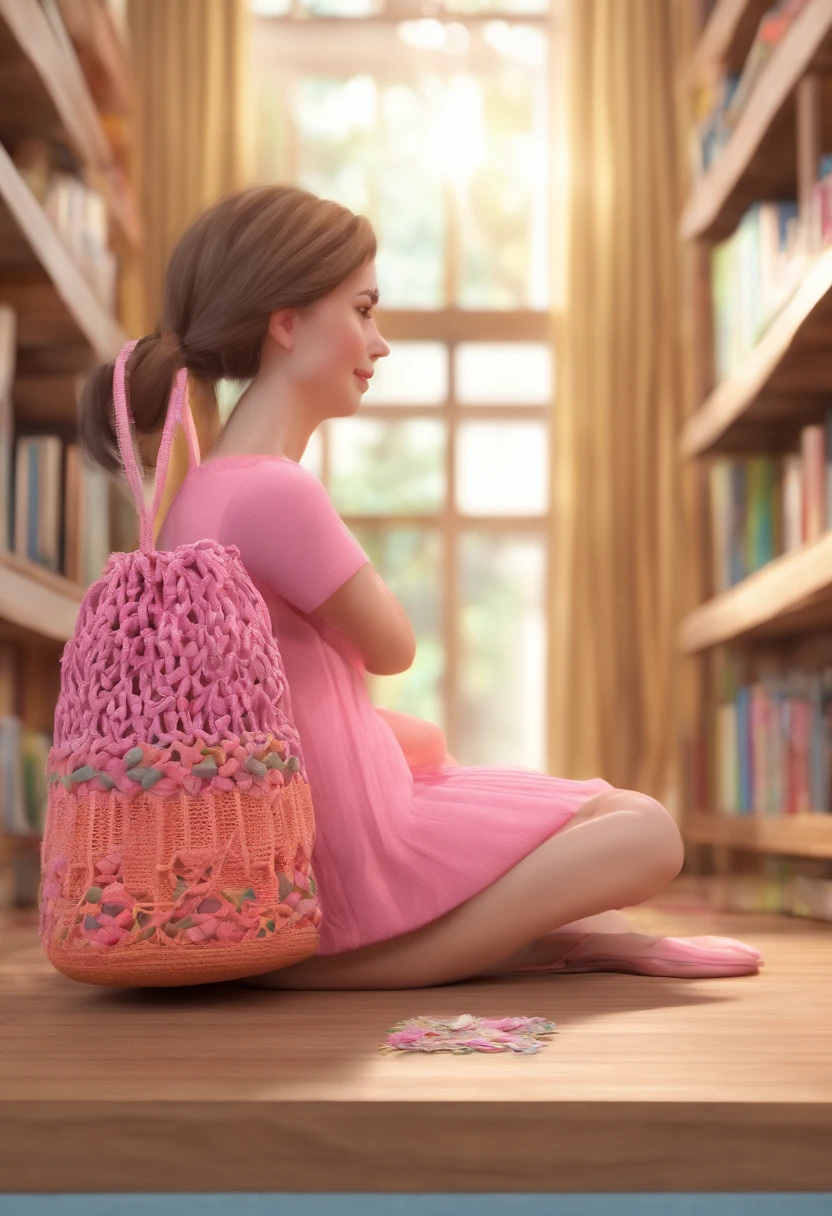 (best quality,4k,8k,highres,masterpiece:1.2),ultra-detailed,(realistic,photorealistic,photo-realistic:1.37),Pixar style: A 48-year-old white woman, with medium hair, crocheting a pink bag, holding a crochet needle in her hand, sitting at a table with a background of a crochet bag shelf.