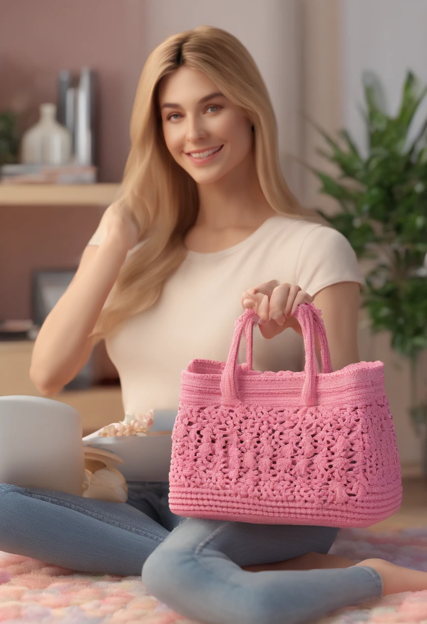 (best quality,4k,8k,highres,masterpiece:1.2),ultra-detailed,(realistic,photorealistic,photo-realistic:1.37),Pixar style: A 48-year-old white woman, with medium hair, crocheting a pink bag, holding a crochet needle in her hand, sitting at a table with a background of a crochet bag shelf.