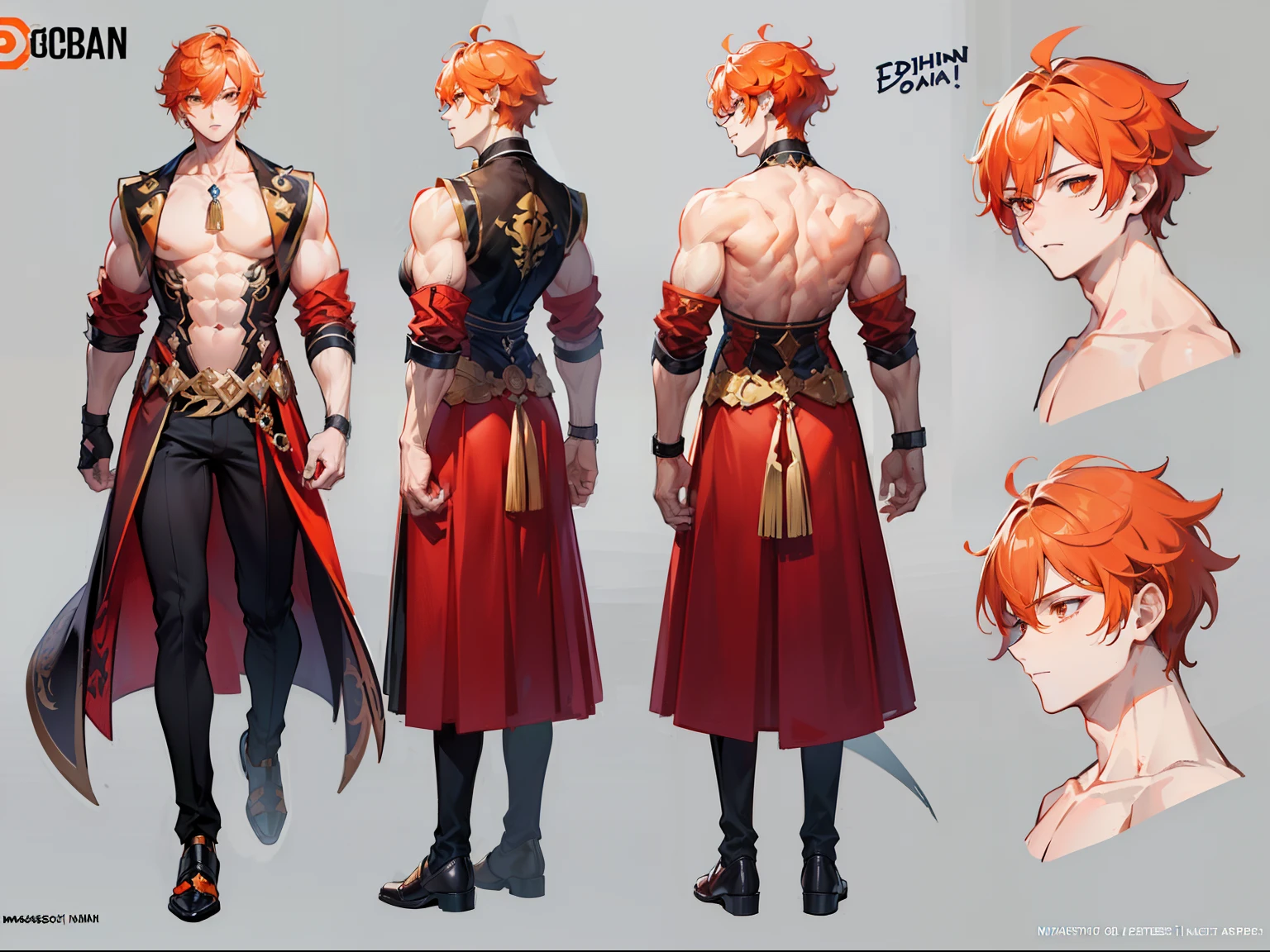 ((Masterpiece, Highest quality)), Male, boy, Detailed face, character design sheet,full body esbian, Full of details, frontal body view, back body view, Highly detailed, Depth, Many parts, Muscle boy with orange hair,handsome man, vampire outfit clothes, Genshin Impact, man tall, pectoral muscles, abs