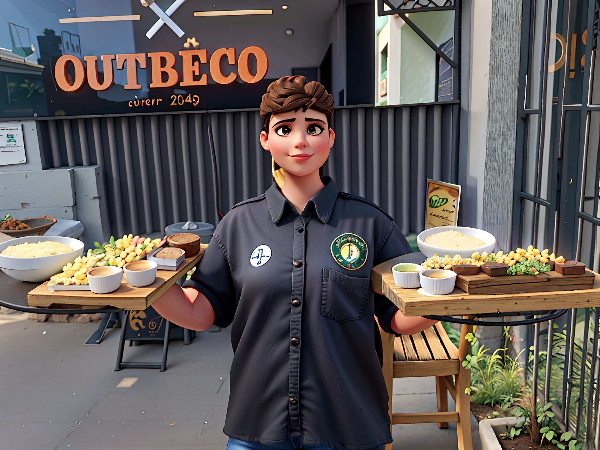 Beautiful Brazilian woman sitting and drinking coffee outside on the side of the street in a small café, beautiful face, Short black hair down to the nape of her neck with brown eyes and heavy eyeshadow, Wearing jeans and a black polo shirt, grande estilo de moda, looking at you with loving eyes and a soft smile, Background is a European city of the city center, fundo desfocado, profundidade de campo rasa, Cinematic light, luz suave, retroiluminado, micro-detalhes, renderizado, fotorrealista, cinemactic, 85mm 1.4
