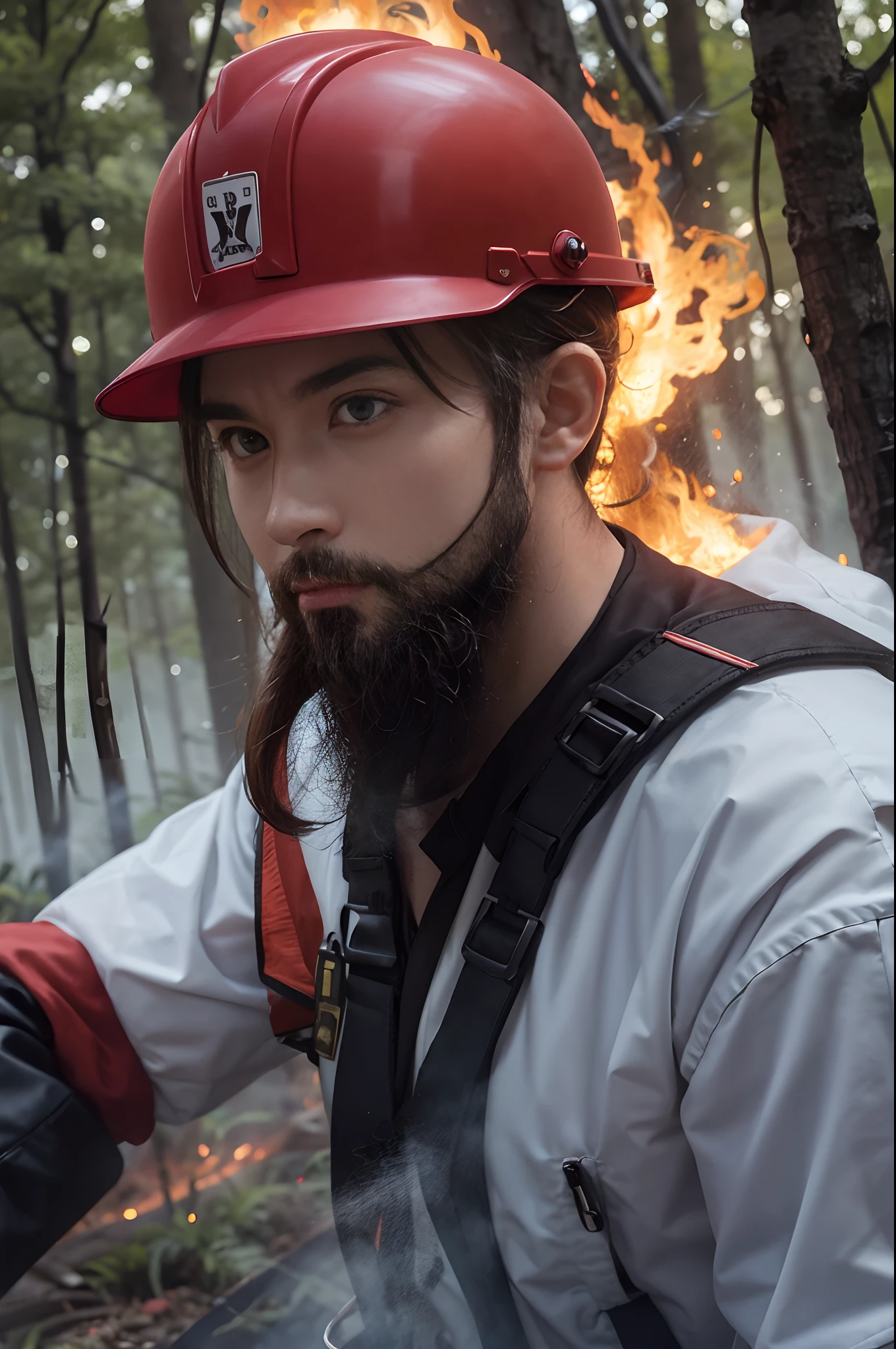 Forest firefighter with red helmet with black hair with short beard fighting a large fire in a forest