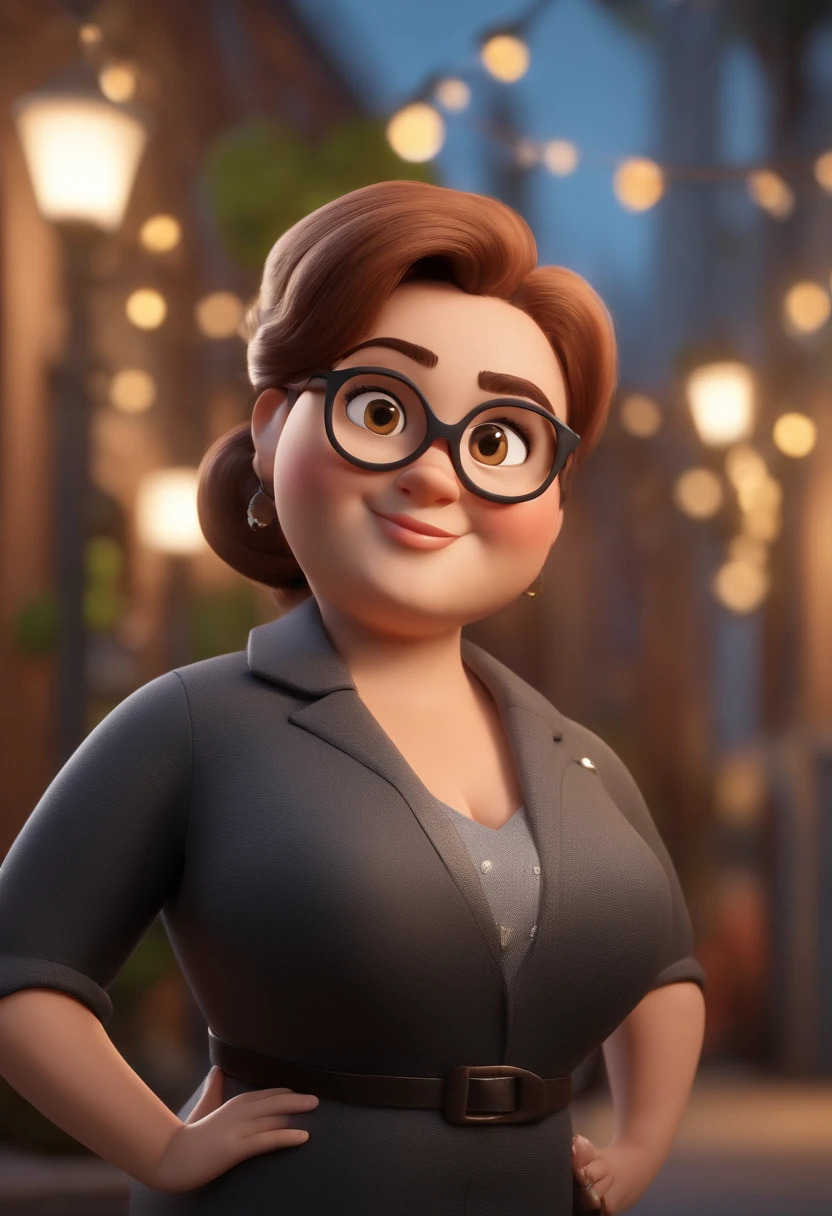 Cartoon character of a chubby woman with brown hair, wearing a bun in her hair, holding a microphone, wearing black glasses, a black jacket, a gray shirt, an animated character, Stylized character, animation style rendering, 3D stylized, Arnold Maya render , 3d stylized rendering, toon rendering keyshot, 3D Character, 3D Character, Stylized 3D Rendering, 3D Character Rendering, cartoon character, Closeup Character, Character Pose, (Pixar Style) (Masterpiece:1.2) (Bokeh) (best quality) (detailed skin) (detailed texture) (8k) (clay) (Cinematic lighting) (sharp focus，Sits and leaks upper body