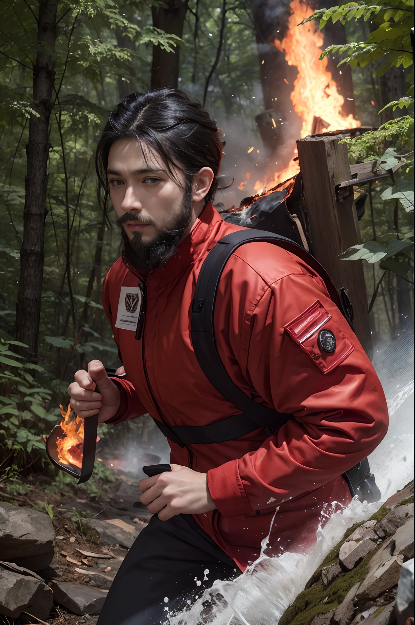 Forest firefighter with red helmet with black hair with short beard fighting a large fire in a forest