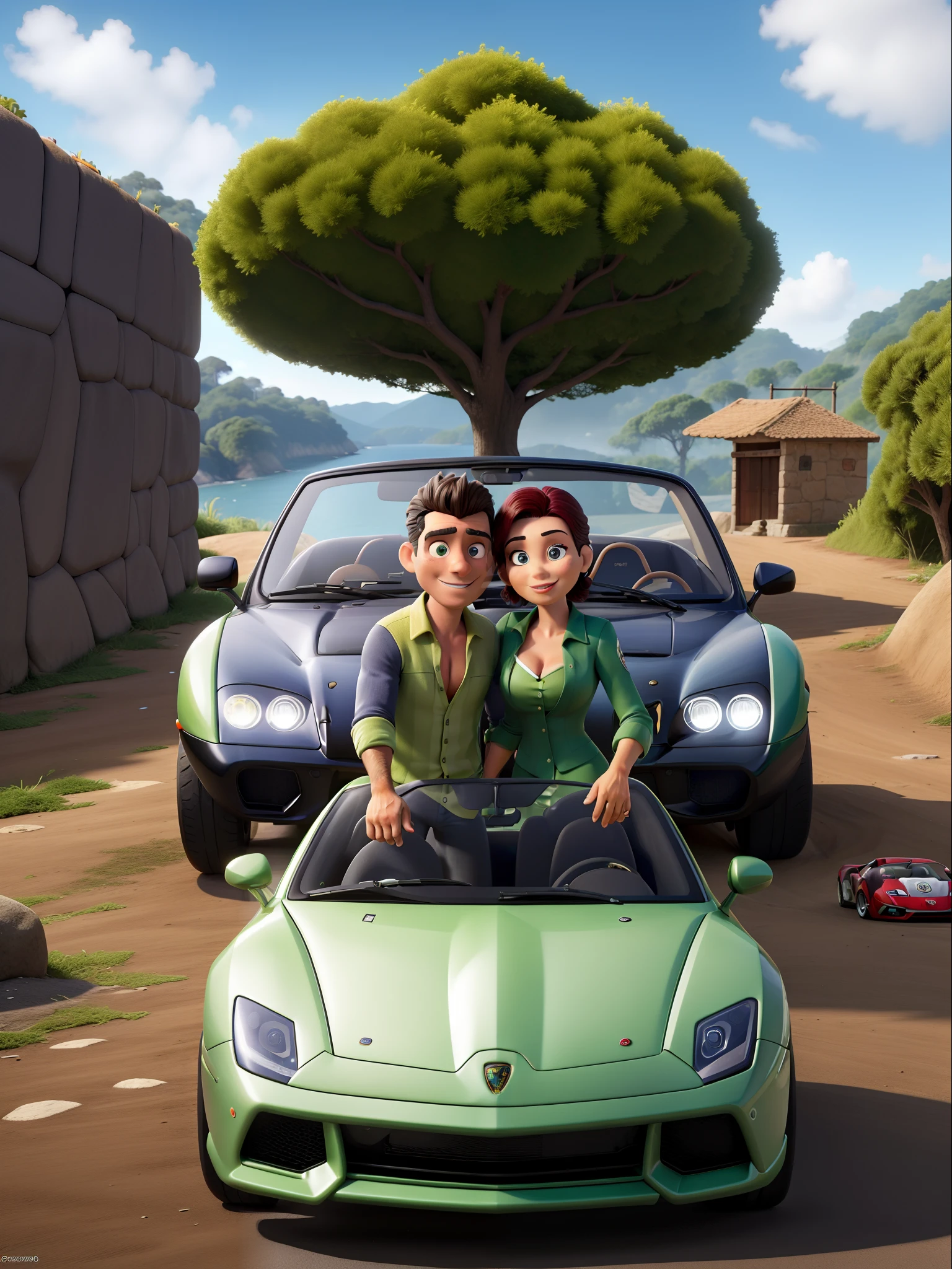 Obra-prima, de melhor qualidade, bonito casal, ambos 36 anos, homem olhos castanhos, mulher olhos verdes, plano de fundo de estrada, carro, Lamborghini