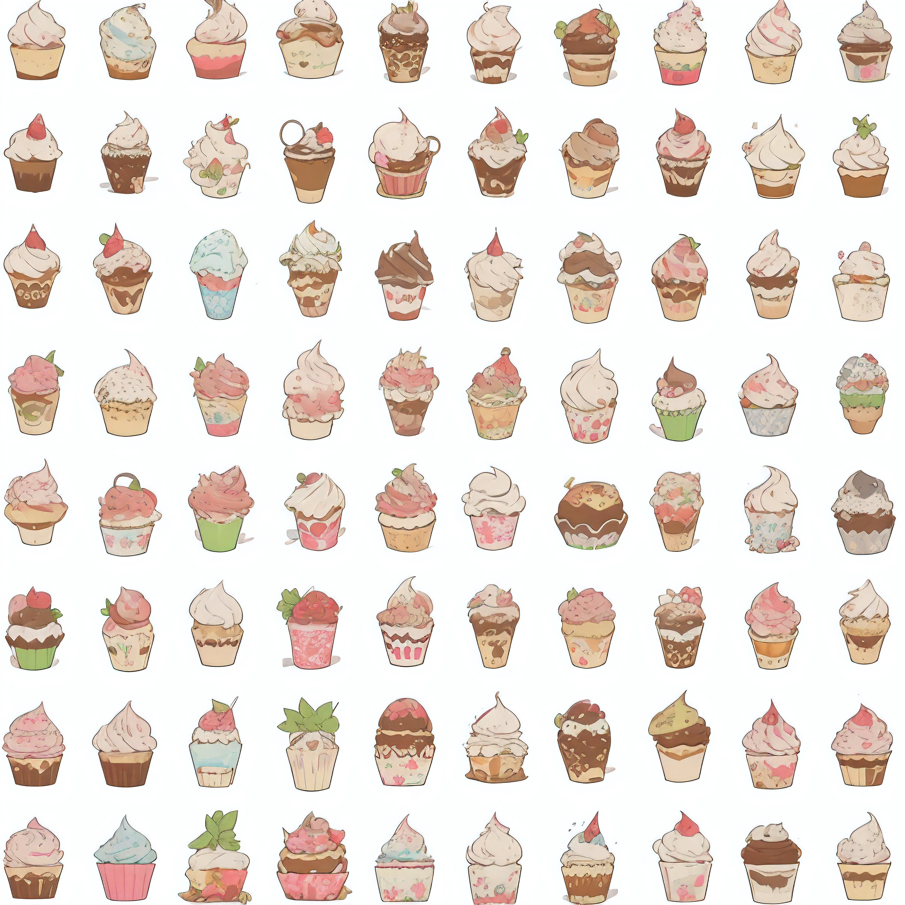 Close-up of a pile of cakes and ice cream, spritesheet, psd spritesheet, Cupcakes, Confectionery, spritesheet, icon pattern, repeating fabric pattern, baking artwork, iconography background, Cupcakes, birthday, eating a cake, wallpaper - 1 0 2 4, Dessert, desserts, patisserie