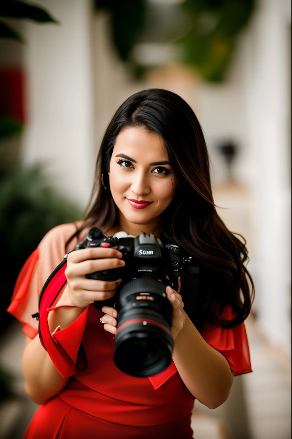 Woman holding a camera and smiling while posing for a photo, dslr 5 0 mm foto retrato, home fotografia retrato, retrato da fotografia, fotografia feminina, foto retrato, retrato photoshoot, Looking directly at the camera, foto retrato, looking-into-camera, photoshoot profissional, looking-into-camera, head shoot, looking-into-camera, fotografia retrato 4K, Photographic portrait