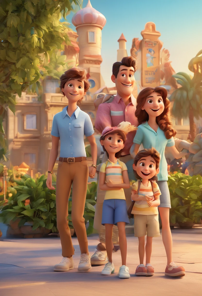Cartoon of family having fun on vacation together, 3D Animation Movie Poster, Poster de filme animado, pixar 3 d animation style, pixar renderman rendering, maia 8 mil, animated film, Disney Pixar Estilo 3D, Happy family go out together, all wearing light blue shirts and cream brown long pants, camisa azul clara, cream brown pants, ao ar livre, vacation, Disney Pixar Animation Poster
