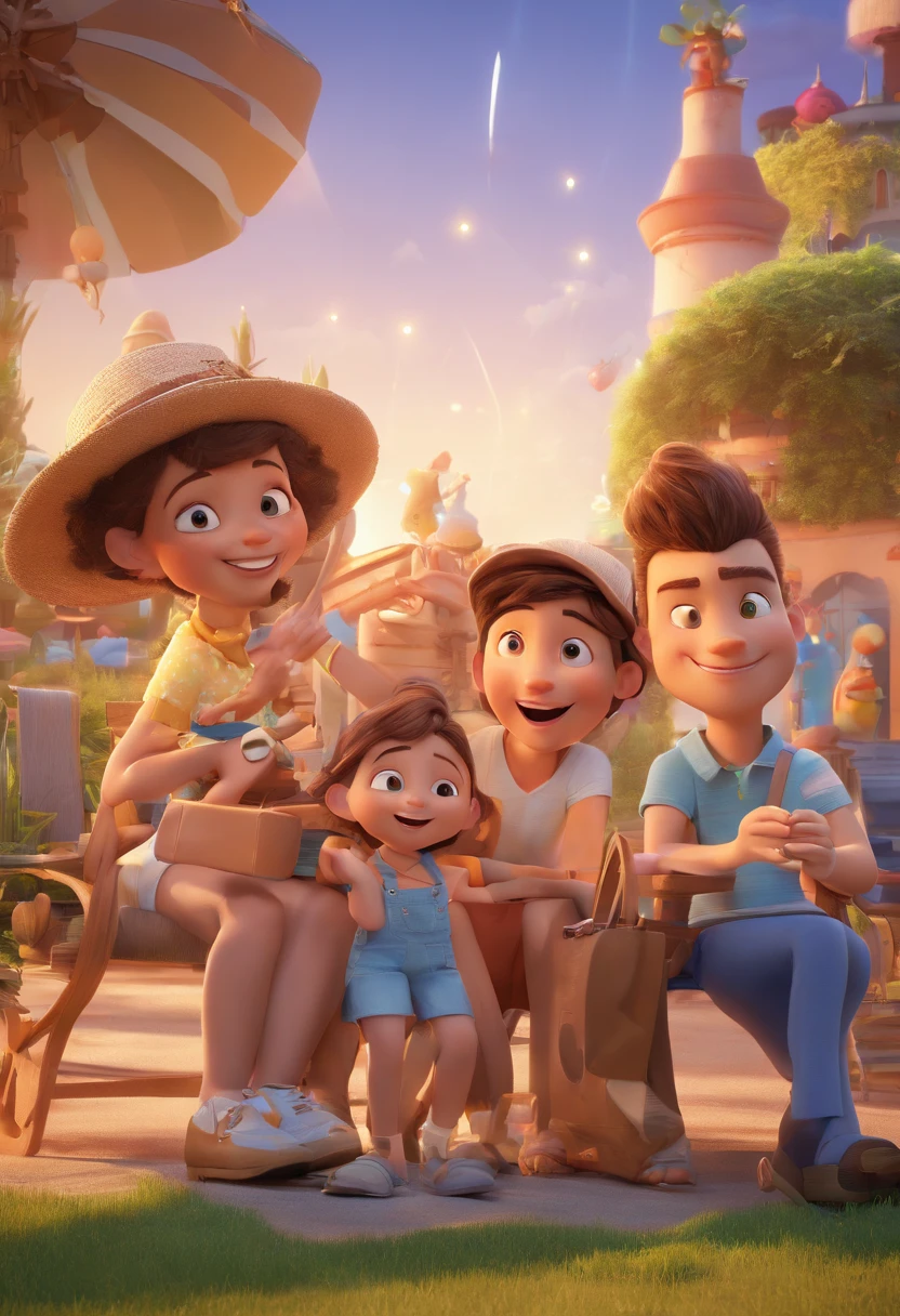 Cartoon of family having fun on vacation together, 3D Animation Movie Poster, Poster de filme animado, pixar 3 d animation style, pixar renderman rendering, maia 8 mil, animated film, Disney Pixar Estilo 3D, Happy family go out together, all wearing light blue shirts and cream brown long pants, camisa azul clara, cream brown pants, ao ar livre, vacation, Disney Pixar Animation Poster
