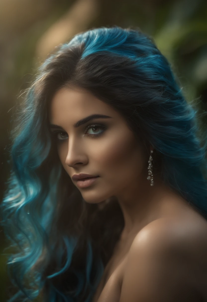 Beautiful biracial latina woman , blue long wavy hair, blue light eyes , lay on the stomach, on the ground, wear blue powder dress, black background , De Côté,