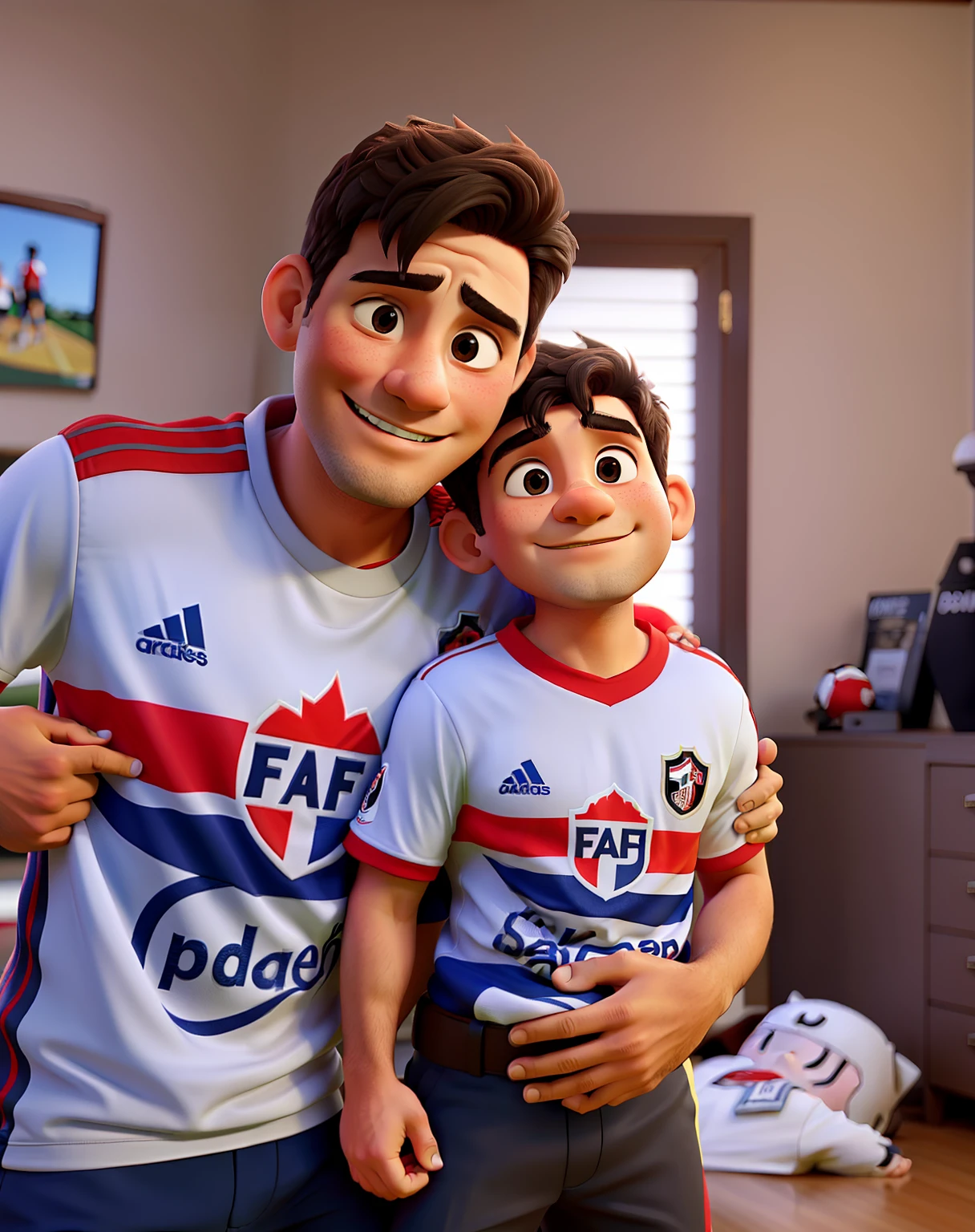 Father and son hugging cheering for the São Paulo FC team