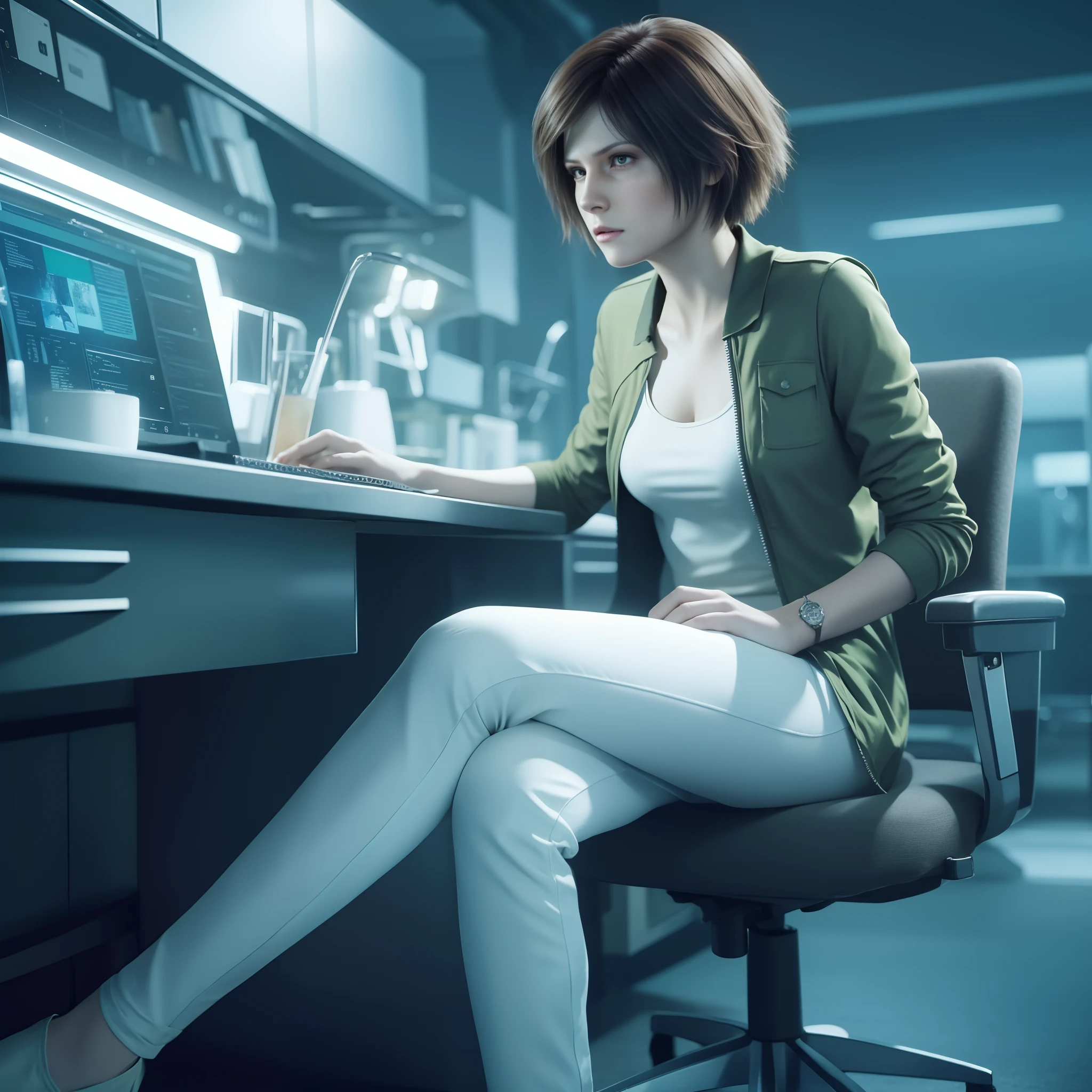 beautiful face, glare, short bob brown hair, perfect face, Rebecca chamber from resident evil, green vest
