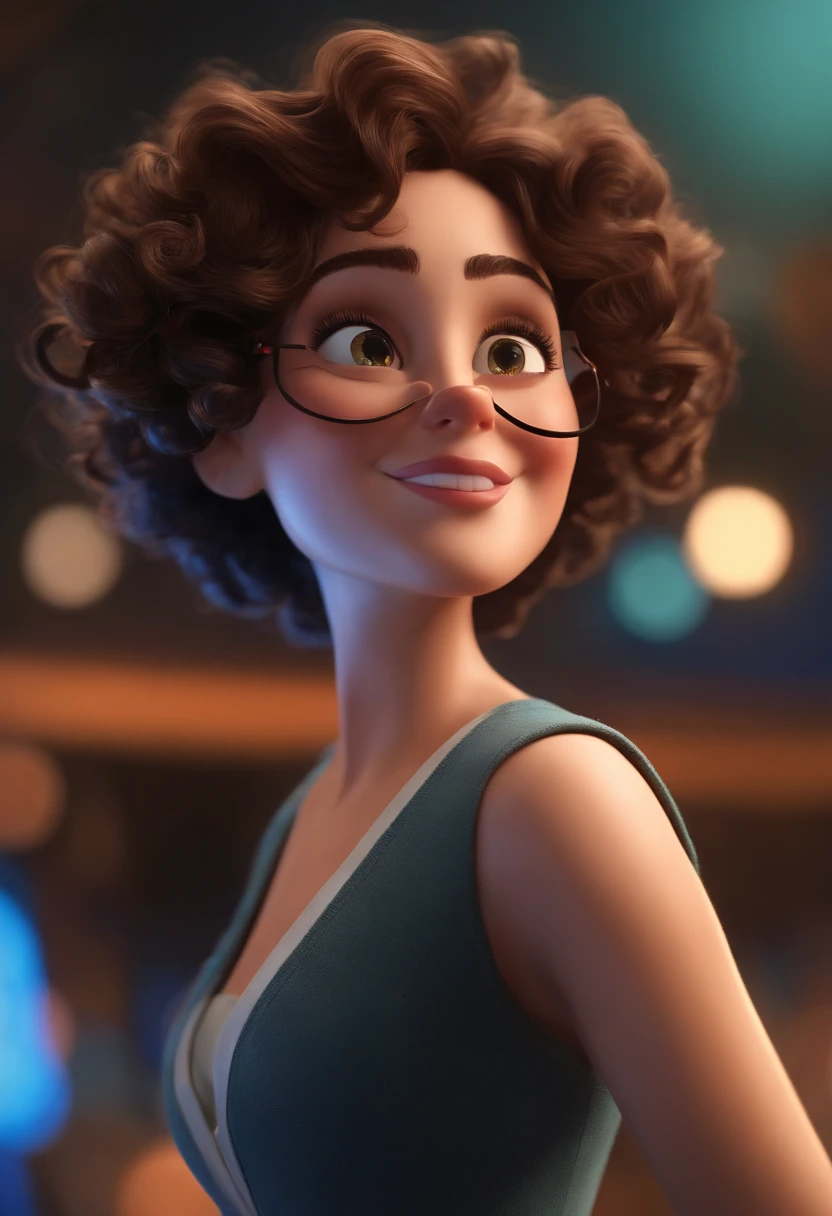 Pixar style image with 3D character white glasses brunette woman short curly hair dancing, Maquiagem Disney,Pescador, bonitinho, sorridente ,Close-up, Pixar, Disney, Cinema lighting,