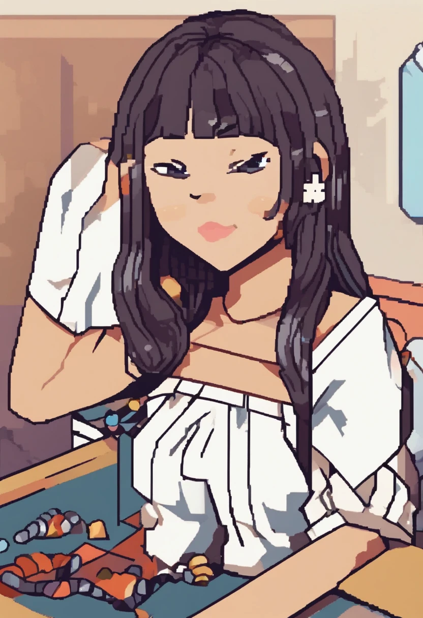Na imagem, uma mulher de pele morena, cabelos meio cacheados, olhos castanhos escuros, She wore a short spaghetti strap top. And with Namjoon it's with her