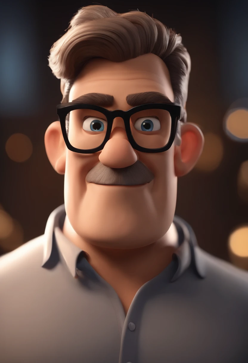 Cartoon character of a man wearing black glasses and a blue shirt, cabelos meio crespo baixo com a lateral muito curta de pele morena um personagem animado, Caractere estilizado, animation style rendering, 3D estilizado, Tavares a render, 3 d render stylized, toon render keyshot, Personagem 3D, Personagem 3D, 3d rendering stylized, 3 d character render, personagem de desenho animado, Personagem de close up, Pose de personagem, (Estilo Pixar) (master part:1.2) (Bokeh) (best quality) (pele detalhada) (textura detalhada) (8k) (argila) (Cinematic lighting) (foco nítido,Senta e vaza a parte superior do corpo