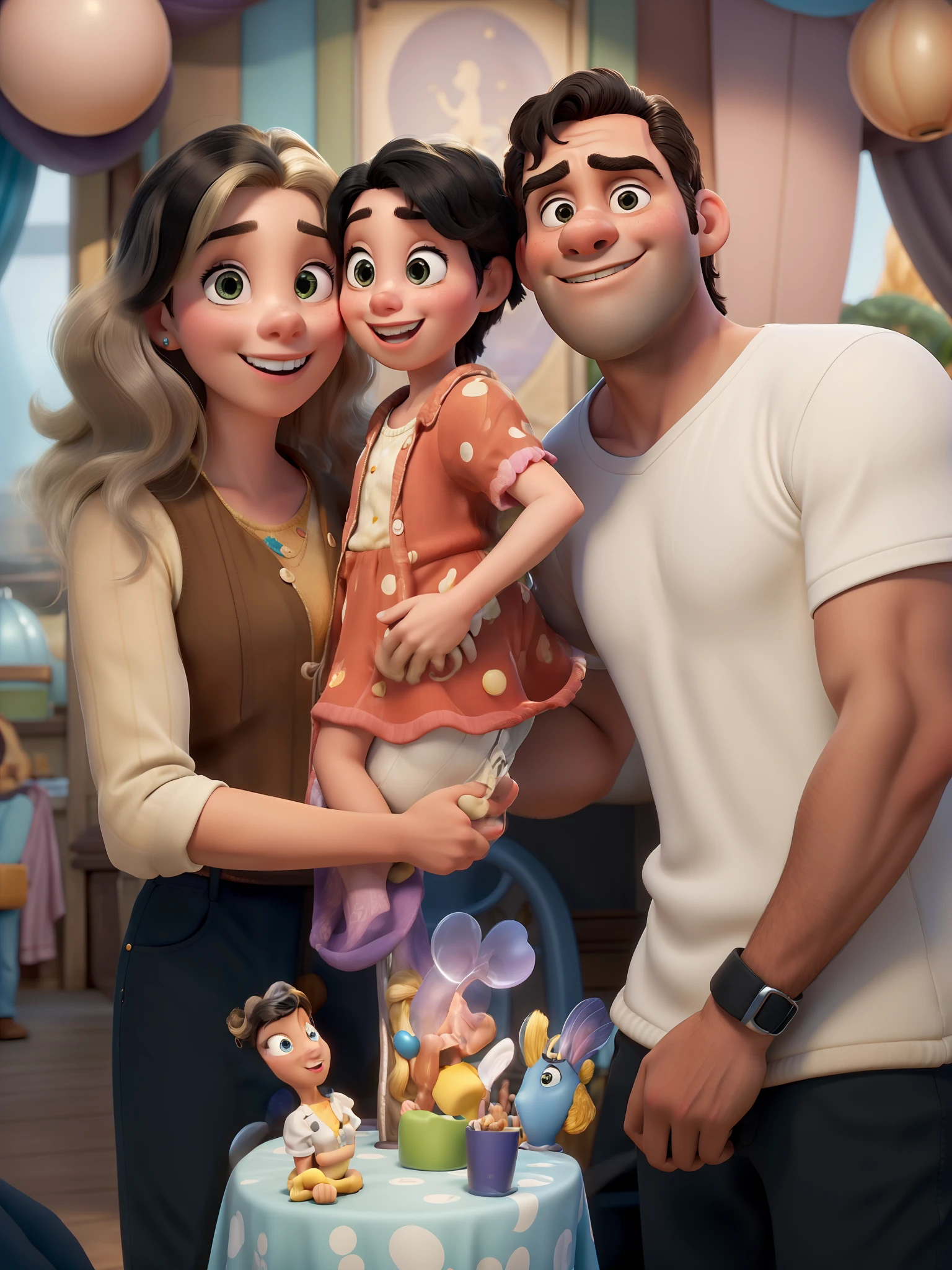Obra-prima ao estilo Disney/Pixar in high quality and high resolution. The woman in the front is blonde and the man has black hair.