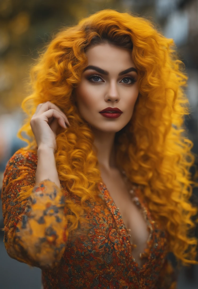 A Cuban woman with WHITE skin, with yellow hair, with African descent, chubby, but let his complexion be white, with curly hair. Between the ages of 40, with a yellow dress, and with his yellow turban, with bracelets and rings, and at his feet some skulls and sea snail shells.
