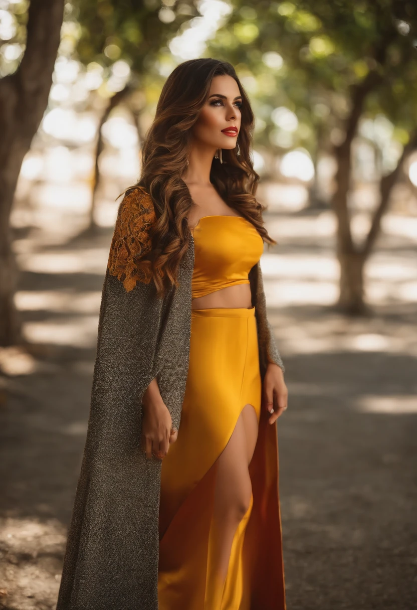 Mulher alta bonita com cabelos vermelhos e olhos amarelos super realista e bem detalhado terno outfit