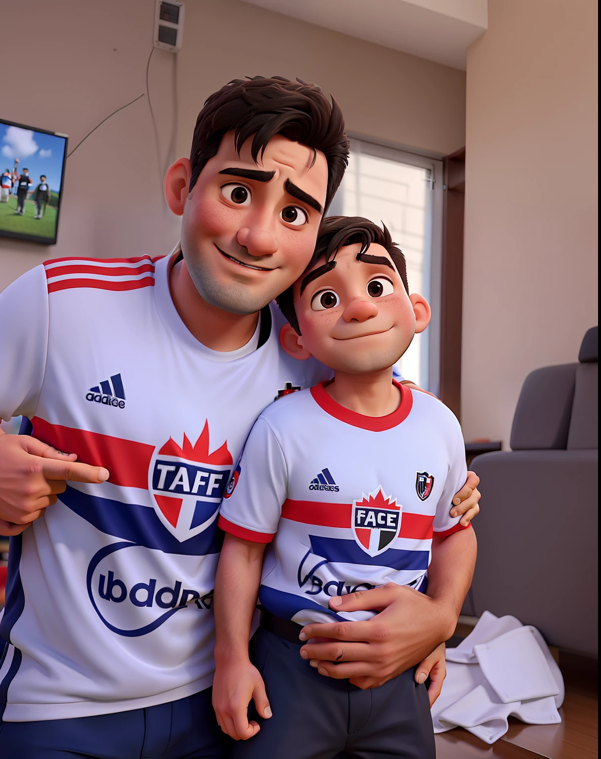 Father and son hugging cheering for the São Paulo team