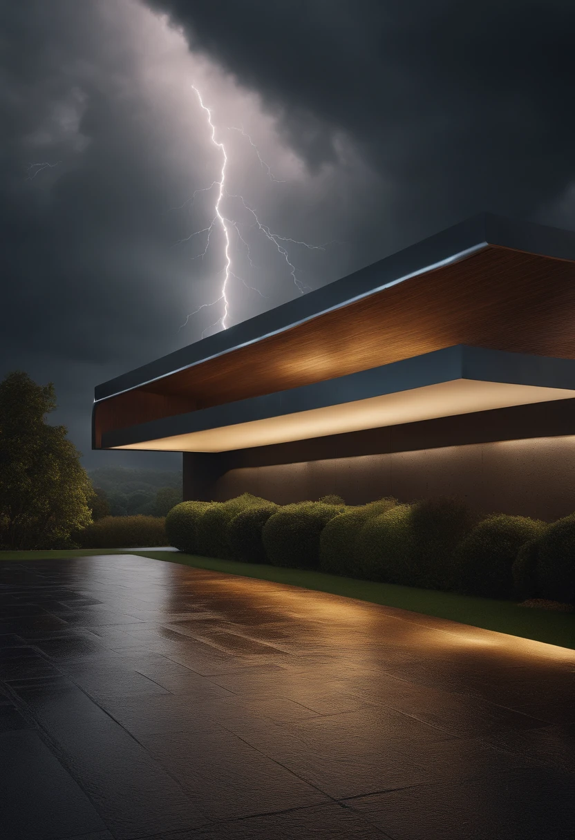 Crie um objeto gigante parecendo uma arquitetura de oscar niemayer com design linear com design de luz misterioso, The weather is rainy , Dramatic sky with dark clouds and lightning(melhor qualidade:1.23),(Realistic:1.24)8K landscape rendering