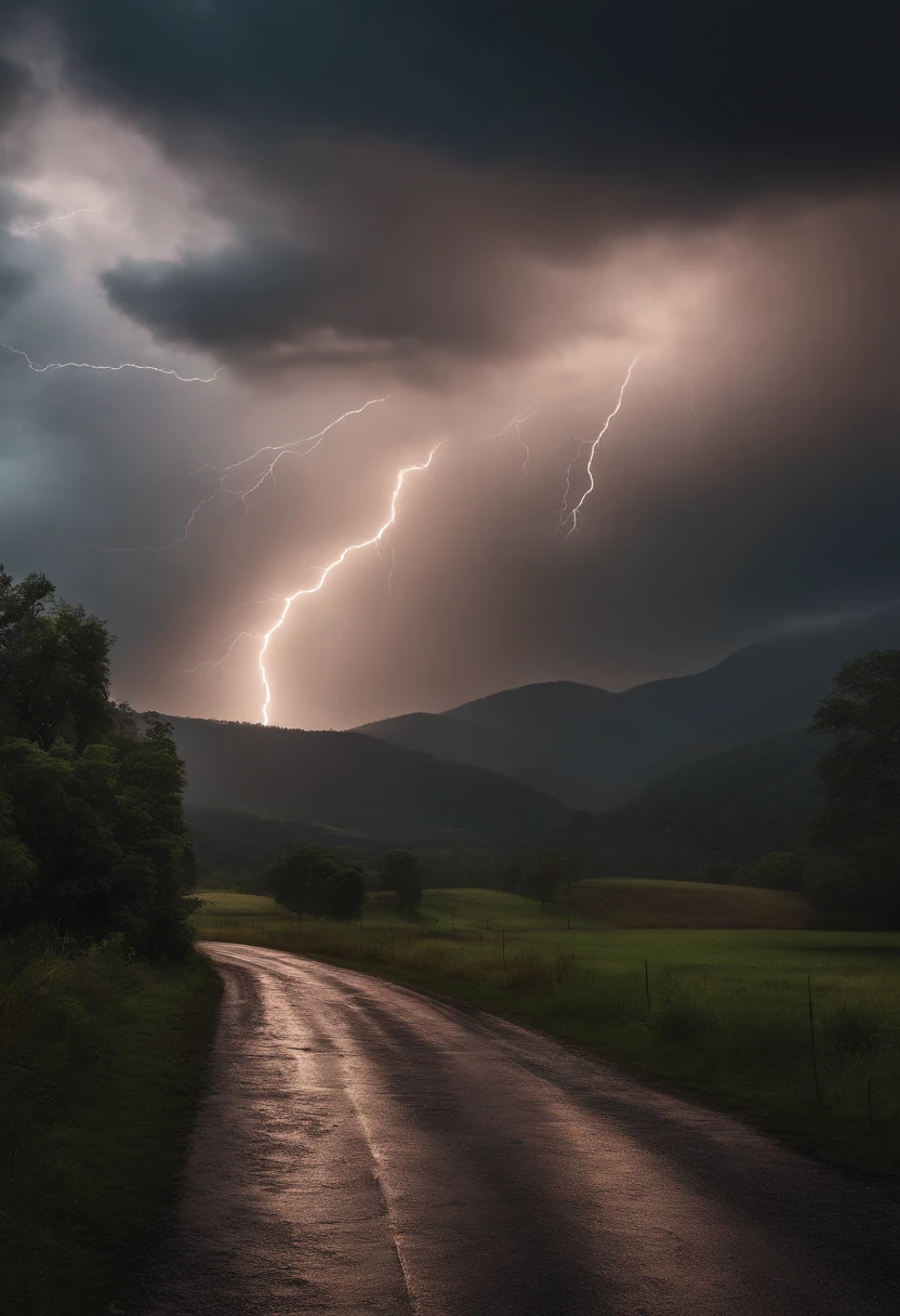 Crie um objeto gigante parecendo uma arquitetura de oscar niemayer com design linear com design de luz misterioso, The weather is rainy , Dramatic sky with dark clouds and lightning(melhor qualidade:1.23),(Realistic:1.24)8K landscape rendering