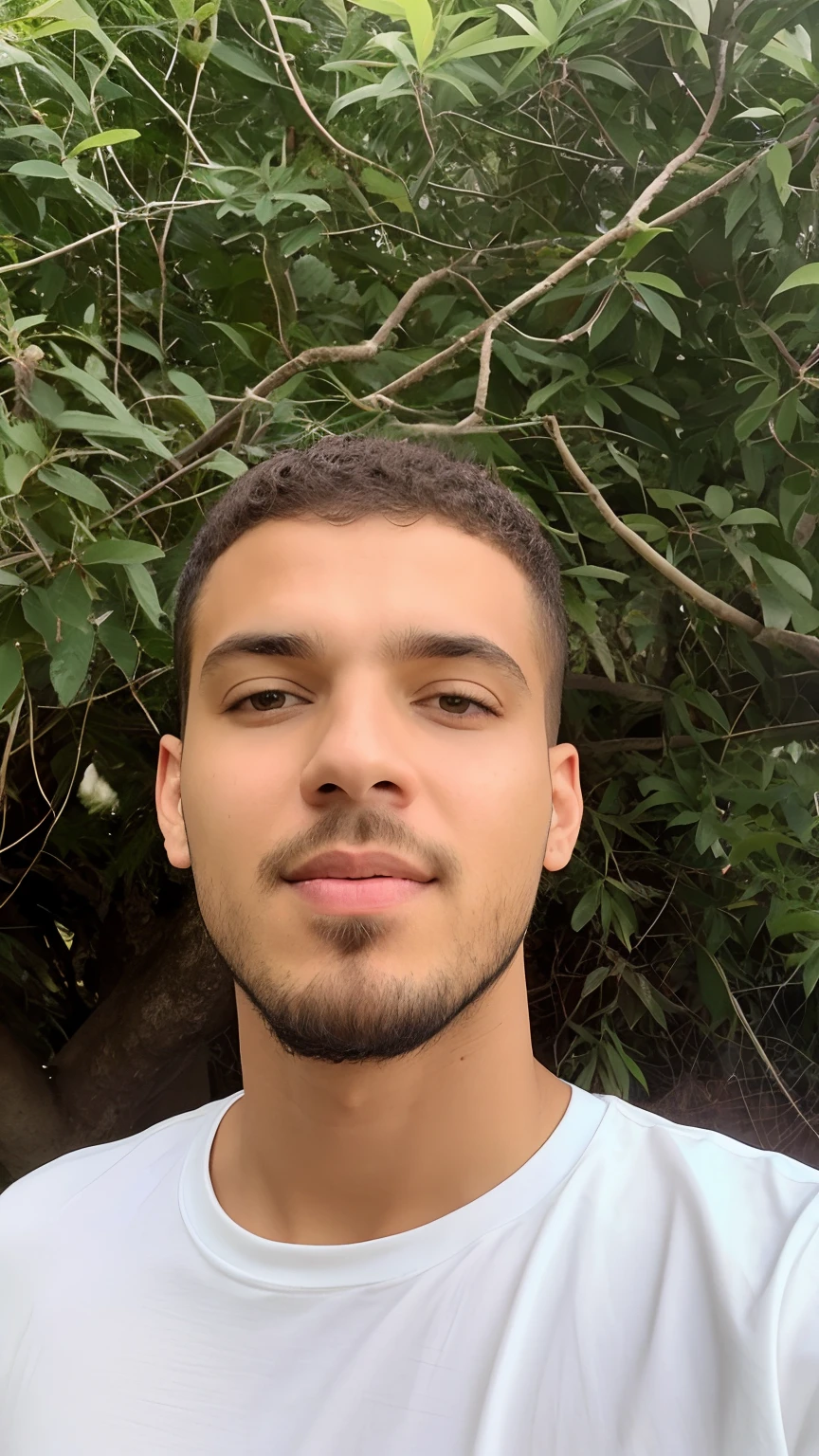 Man with beard and white shirt in front of a tree, em torno de 1 9 anos, imagem frontal, imagem do avatar, taken in the early 2020s, em frente a um fundo de floresta, david rios ferreira, 2 3 anos, caio santos, cerca de 20 yo, 2 8 anos, imagem profissional