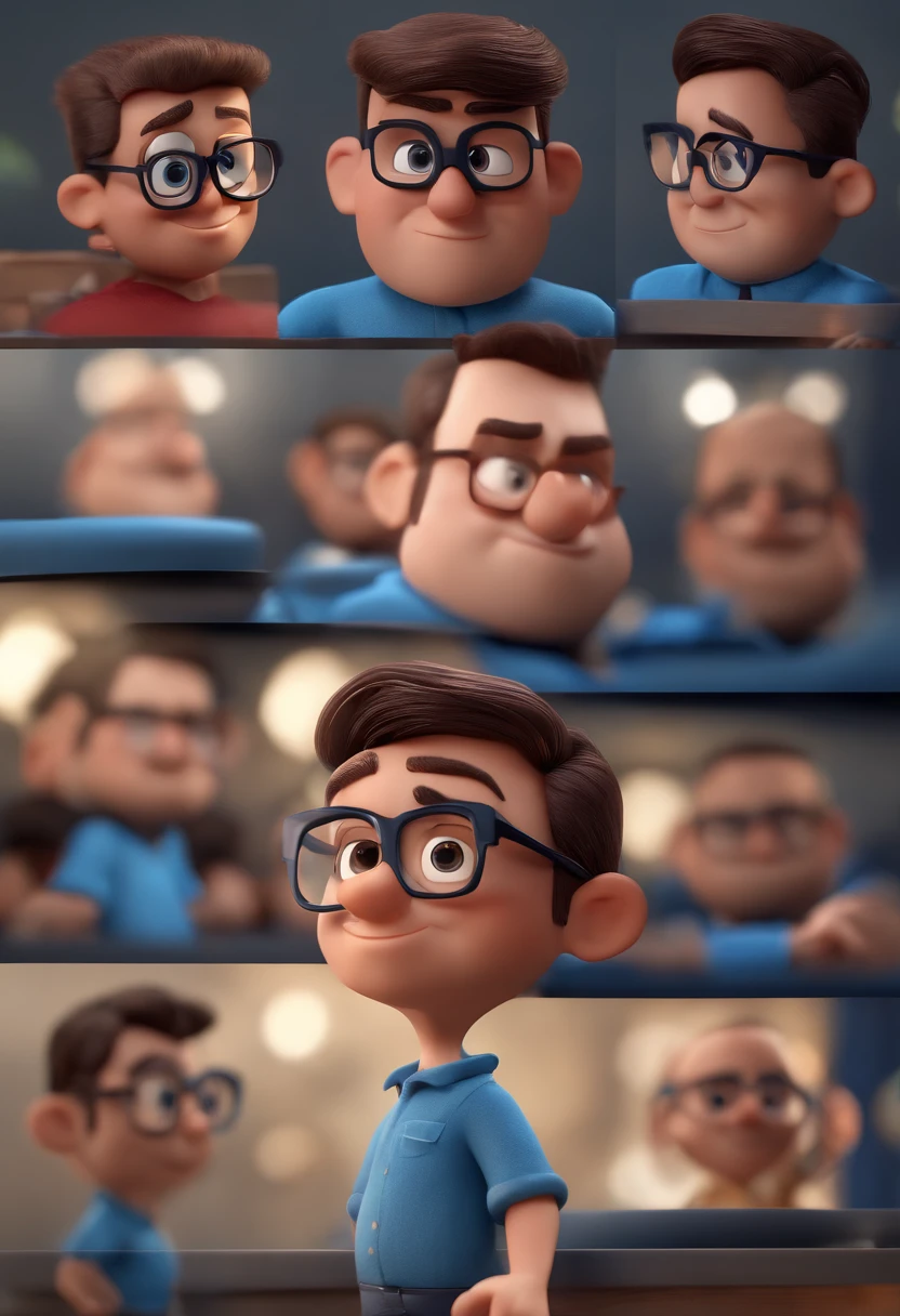 Cartoon character of a man with black glasses and a blue shirt, animation character, Caractere estilizado, animation style rendering, 3D estilizado, Arnold Maya render, 3 d render stylized, toon render keyshot, Personagem 3D, Personagem 3D, 3d rendering stylized, 3 d character render, personagem de desenho animado, Personagem de close up, Pose de personagem,  (Estilo Pixar) (master part:1.2) (Bokeh) (best quality) (pele detalhada) (textura detalhada) (8k) (argila) (Cinematic lighting) (foco nítido