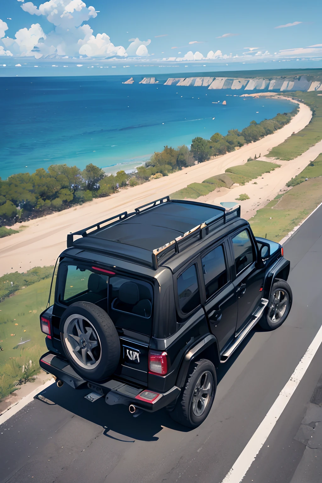 ((wallpaper 8k)), ((ultrarealistic)), ((high detailed)), ((masterpiece)), ((best quality:1.2)), black jeep car in adventure inmiddle of road with blue sky panorama,, eagle view, drone view