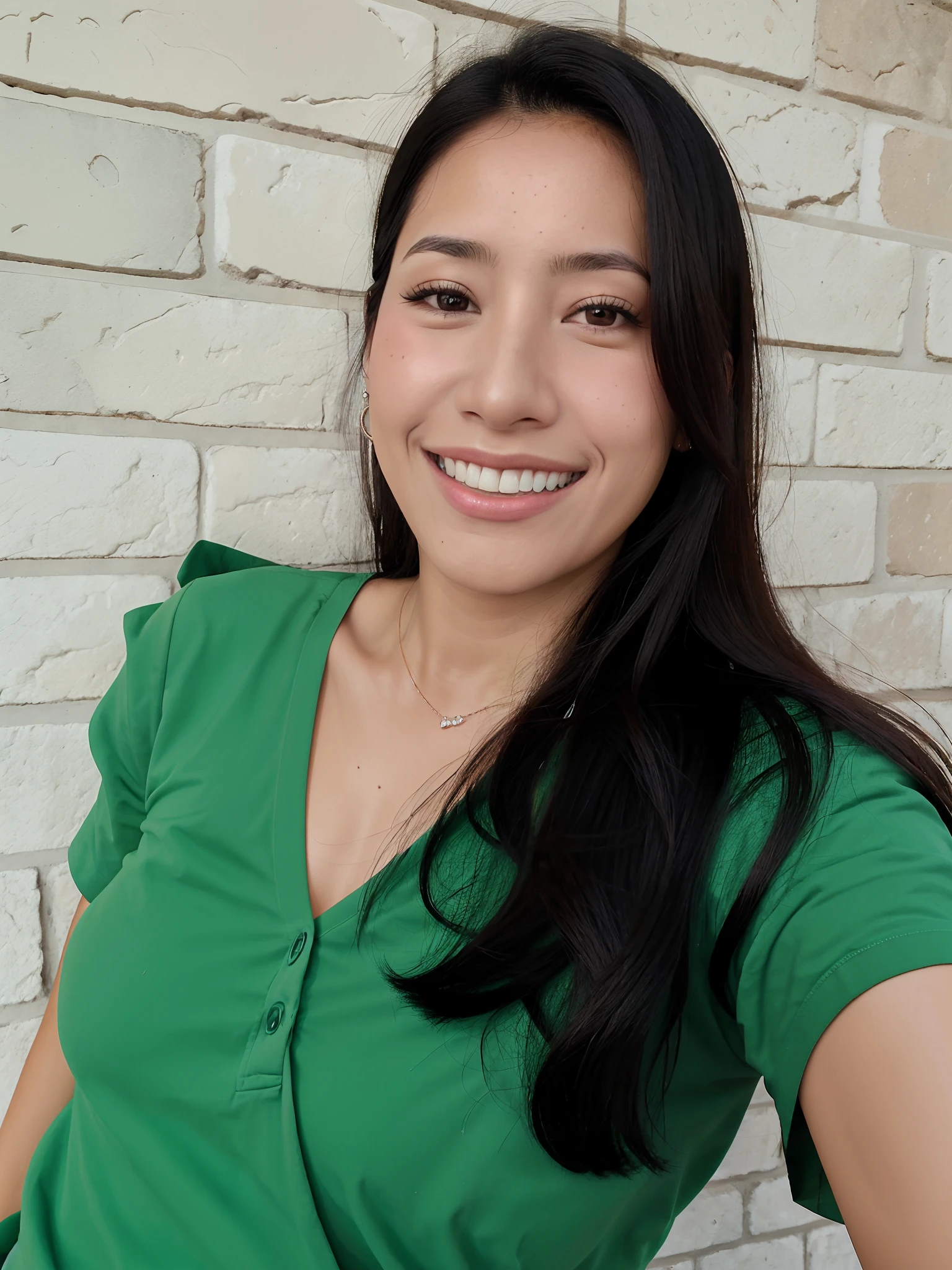 smiling woman in green shirt posing for a picture in front of a brick wall, lorena avarez, alanis guillen, fernanda suarez, ayahausca, by Nándor Katona, karla ortiz, profile image, malika favre, by Amelia Peláez, by Gina Pellón, inspired by Gina Pellón