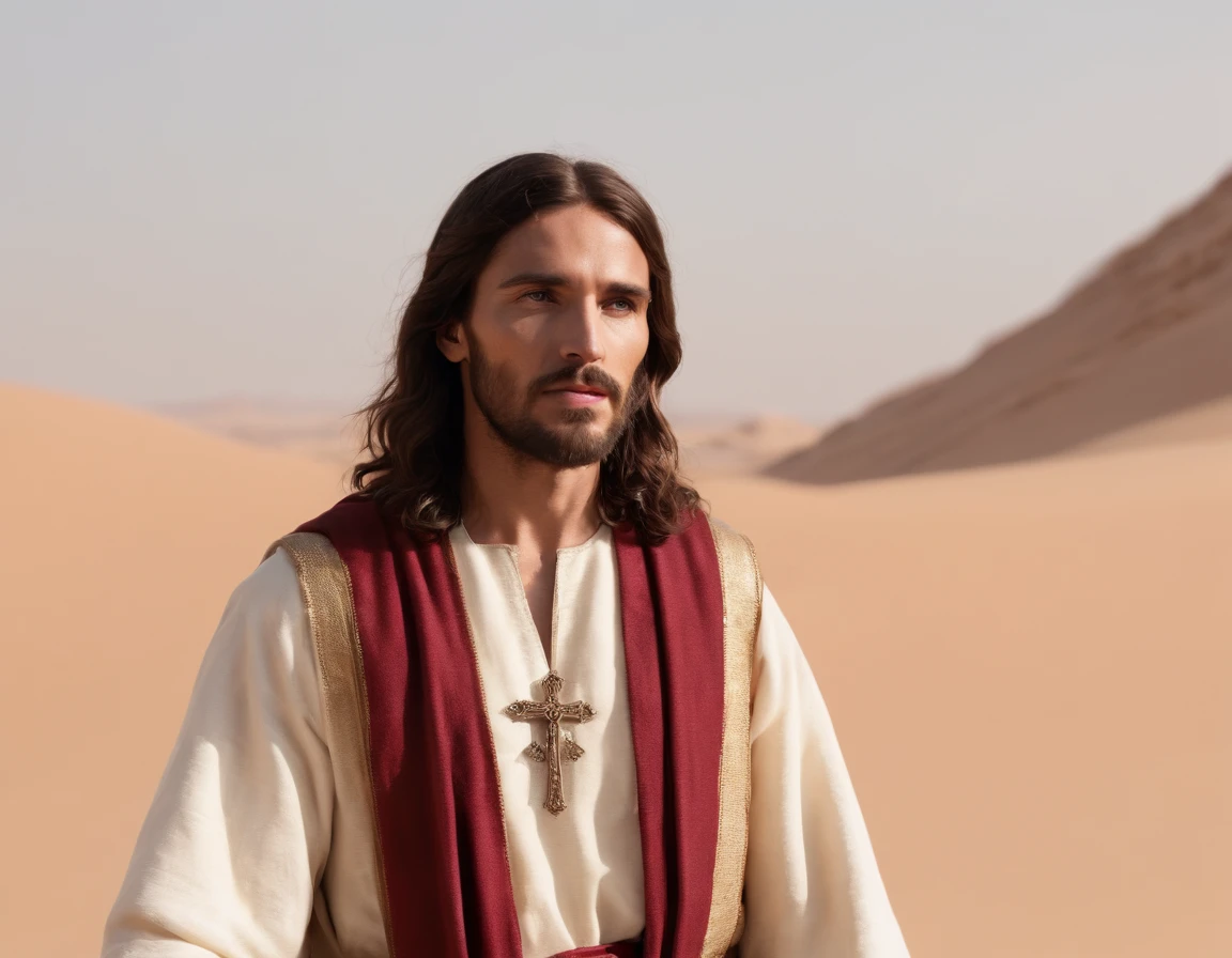 Jesus Cristo andando no deserto, vestes brancas e brilhantes, rosto sereno, wide angle, imagem 8k Ultra HD Ultra realista